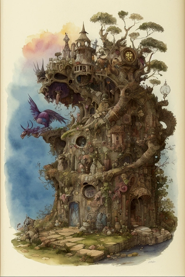 Matte paintings by Paul Klee, Jean-Baptiste Monge, Arthur Rackham, and Brian Fraud, ren's picture book style, strange and kawaii wizards and animal monsters in Wonderland.
Colorful, watercolor style, 8K resolution, very detailed.