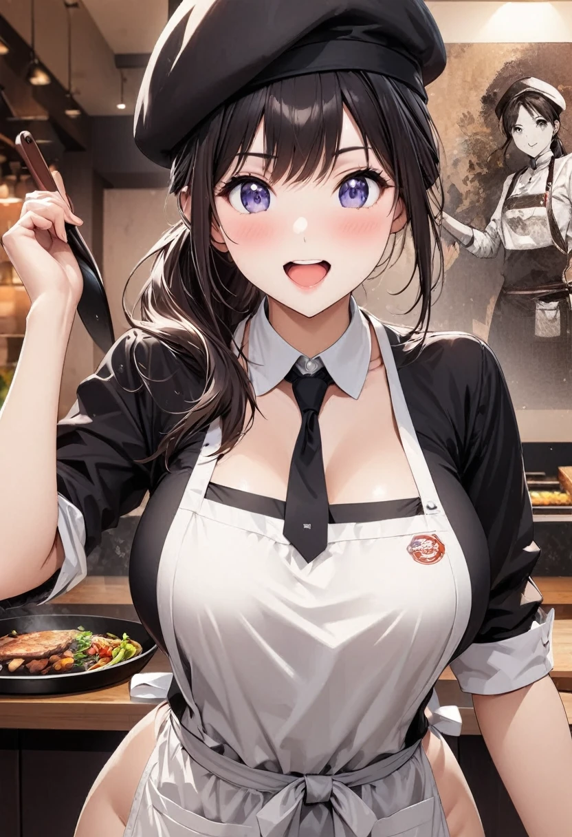 Beautiful girl 、Age 30、Best Quality、Ultra-precision、Detailed drawing、Restaurant chef、Frying pan、shirt、tie、apron、Beret、Sharpness、 ponytail、Vivid colors、upright posture、front、 looking at the camera、A very ecstatic expression、Slender figure、Accurate depiction、 CG illustration、Beautiful big boobs、Open chest
