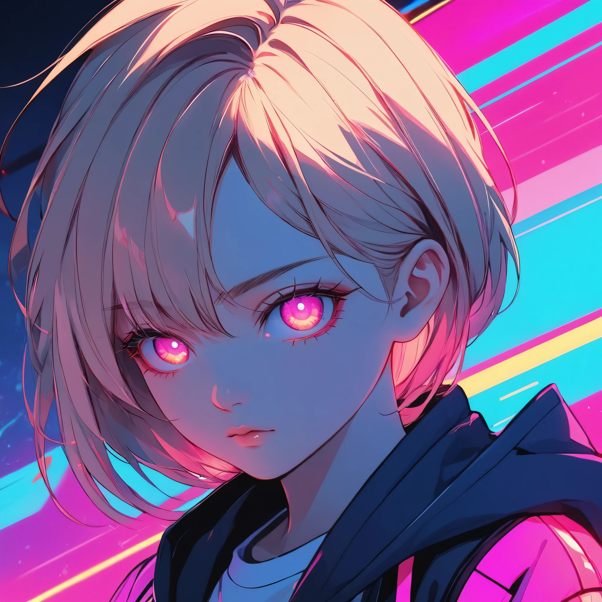 illustration, best quality, close-up, 1girl, full body,blonde hair, hooded jacket, serious expression, vibrant neon colors, abstract background, blue and pink lighting, dynamic composition, streetwear style, futuristic vibe, bold color contrast, cyberpunk atmosphere, strong shadows, intense and edgy mood