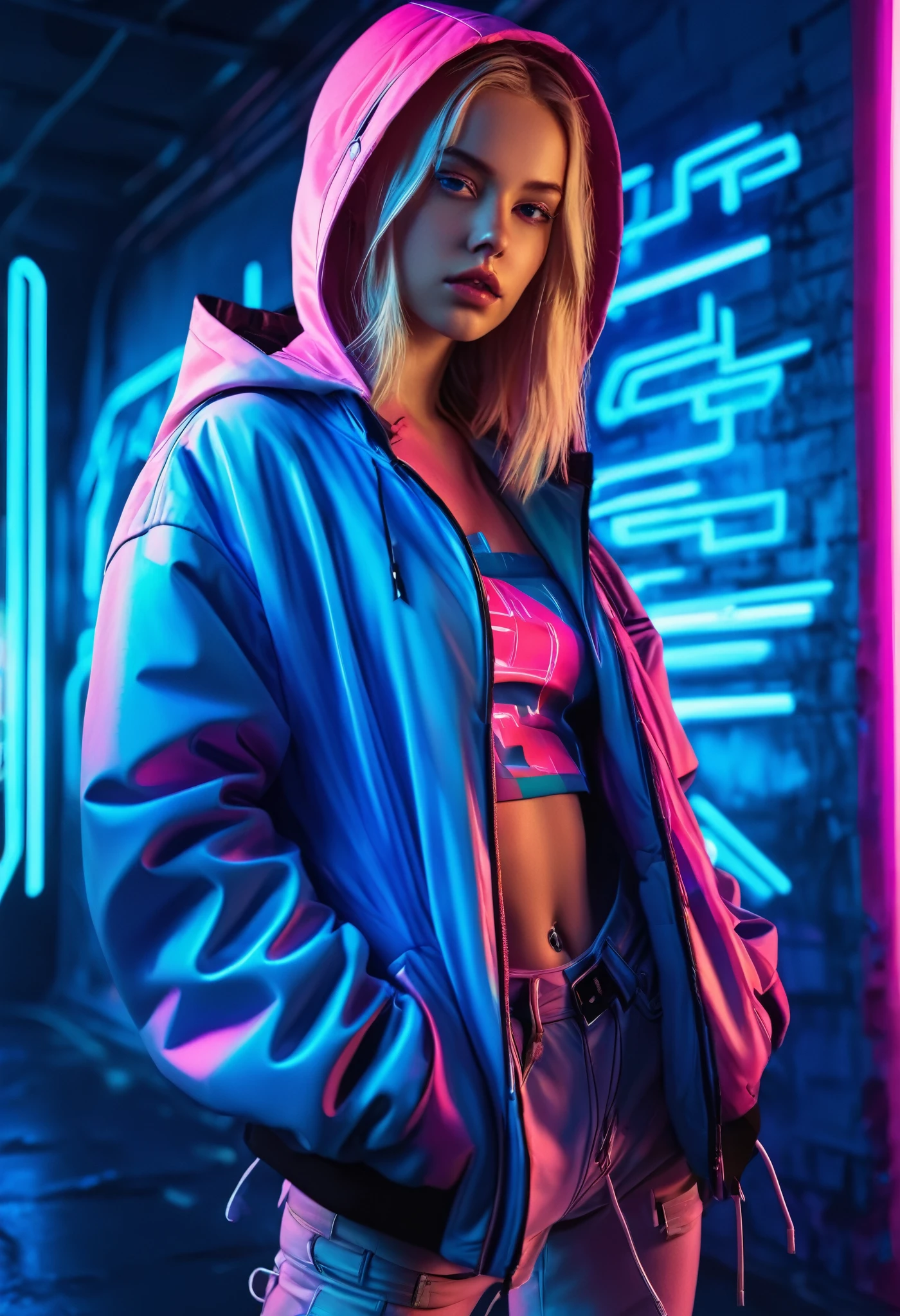 illustration, best quality, close-up, 1girl, full body,blonde hair, hooded jacket, serious expression, vibrant neon colors, abstract background, blue and pink lighting, dynamic composition, streetwear style, futuristic vibe, bold color contrast, cyberpunk atmosphere, strong shadows, intense and edgy mood