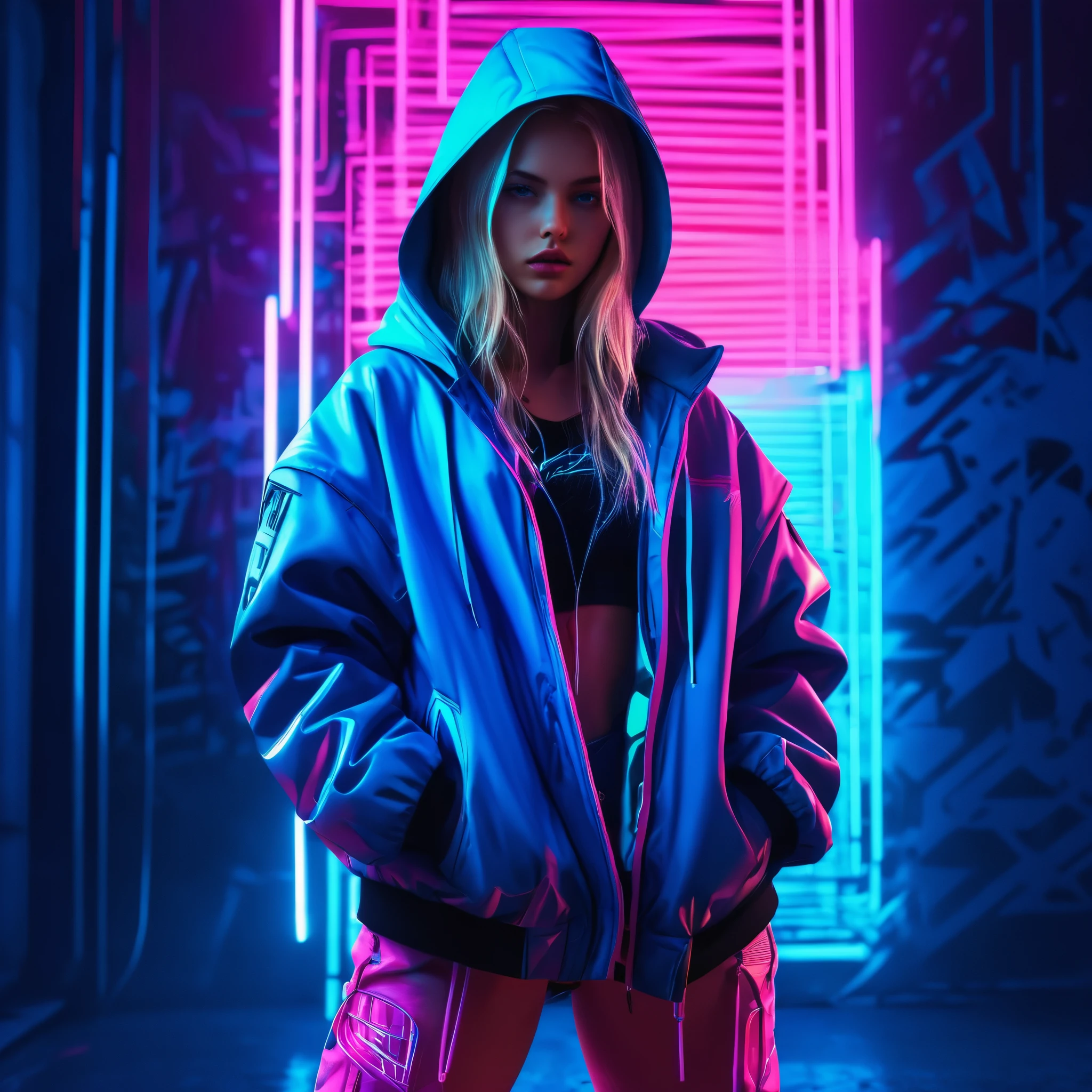 illustration, best quality, close-up, 1girl, full body,blonde hair, hooded jacket, serious expression, vibrant neon colors, abstract background, blue and pink lighting, dynamic composition, streetwear style, futuristic vibe, bold color contrast, cyberpunk atmosphere, strong shadows, intense and edgy mood