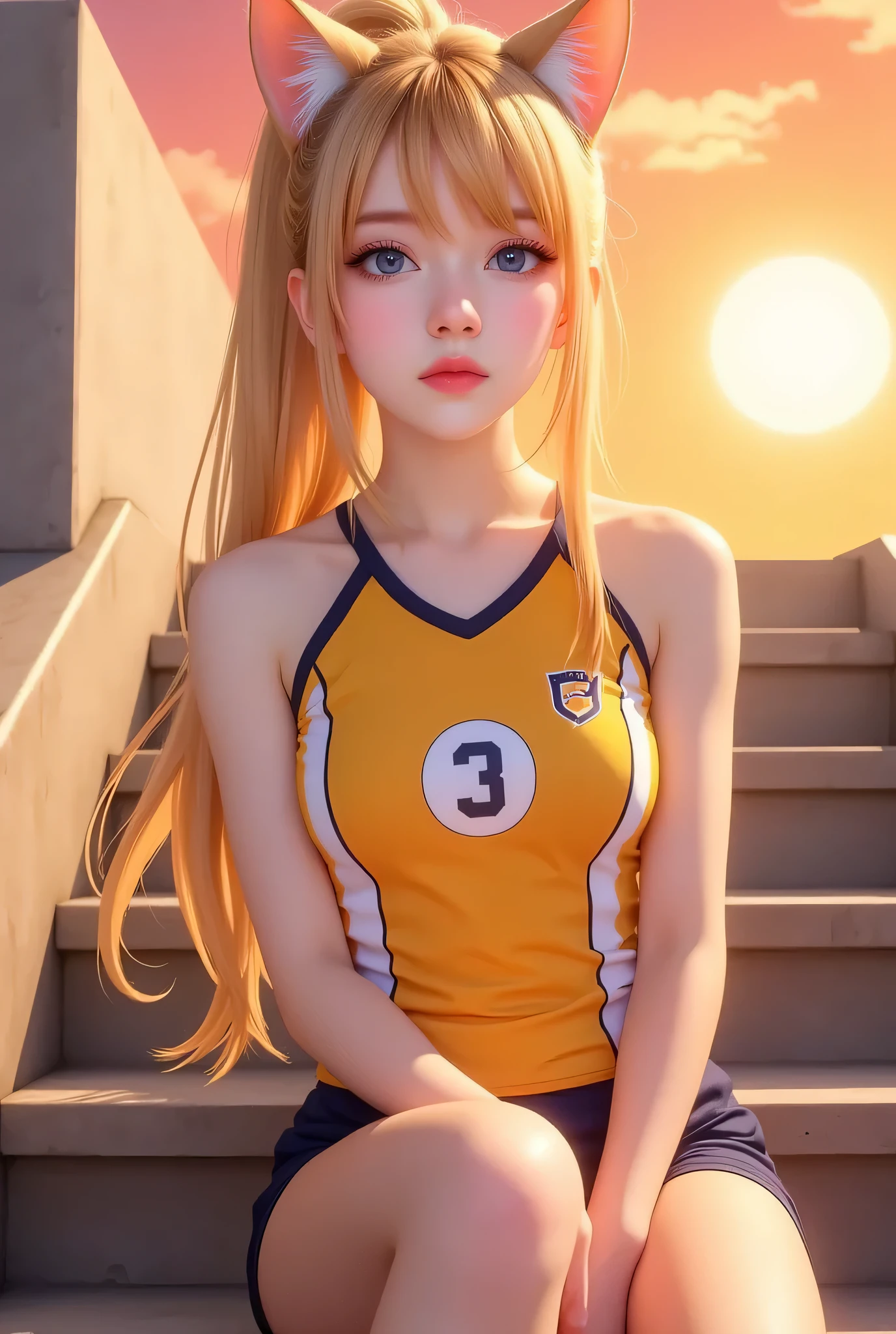 Masterpiece, 4K, bokeh, (Perfect body:1.4), (volleyball uniform:1.5), (Bright Blonde hair:1.5), (ponytail:1.2),(Blushed face:1.3), (Plump breast:1.2), (Sitting in stairway:1.2), (Cat ears:1.3),(From below:1.6),(Sundown :1.2), (Orange beautiful sky and clouds:1.2), skirt, Nat DR .