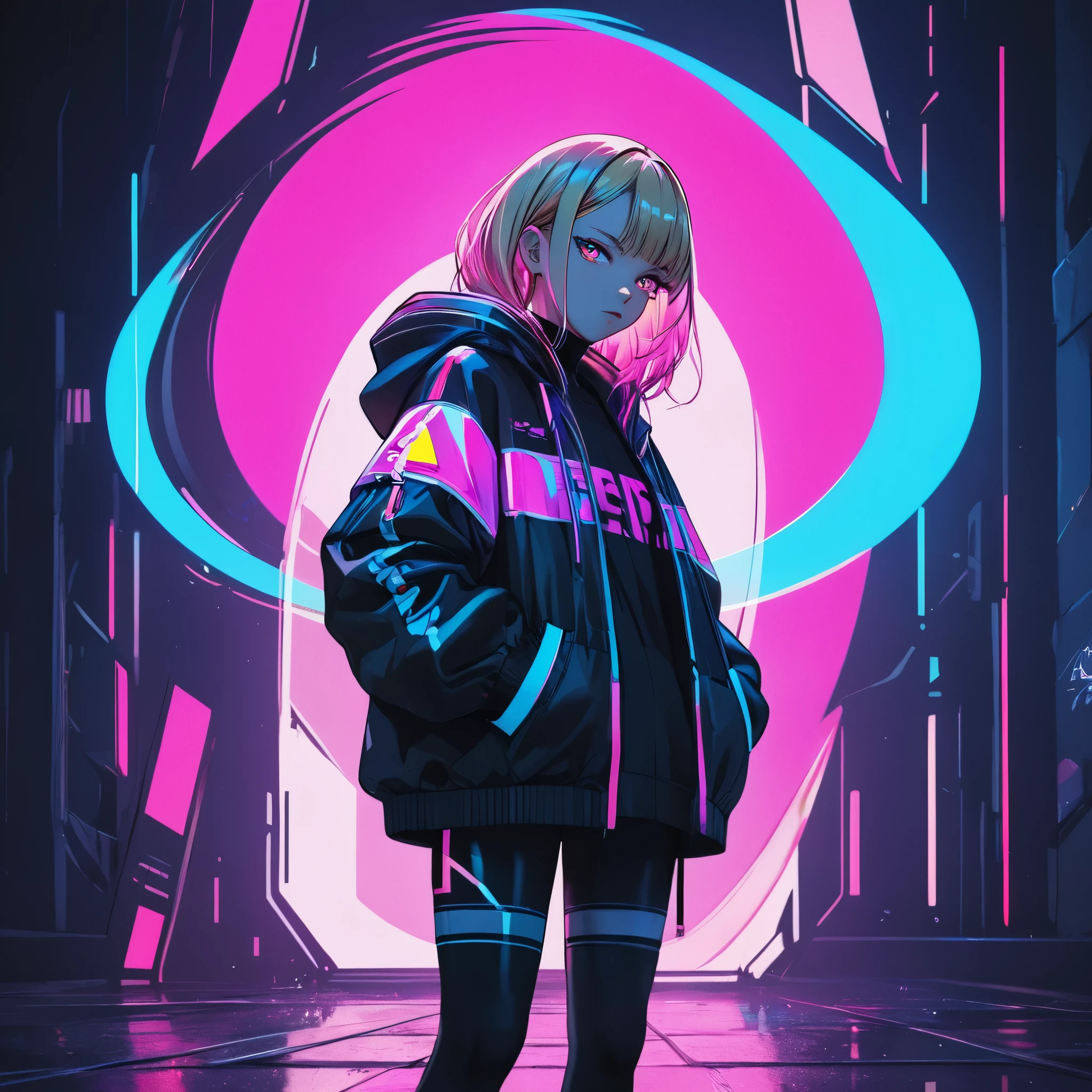 illustration, best quality, close-up, 1girl, full body,blonde hair, hooded jacket, serious expression, vibrant neon colors, abstract background, blue and pink lighting, dynamic composition, streetwear style, futuristic vibe, bold color contrast, cyberpunk atmosphere, strong shadows, intense and edgy mood