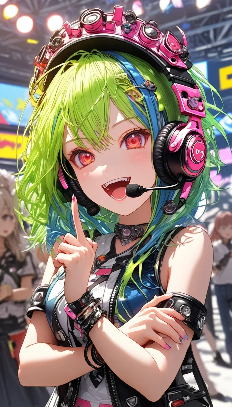 medium candid portrait, anime woman, virtual idol, (blue and pink and yellow and green) hair, modern hair style, headset with moicrophone on head, happy look, colorfull clothes, k-pop look but she sings metal, crossed arms, finger gestures, virtual scene background, masterpiece, 8k, ultra detailed, realistic