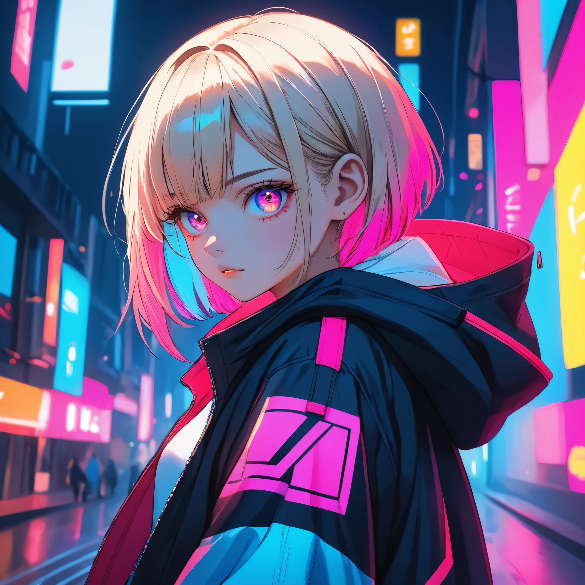 illustration, best quality, close-up, 1girl, full body,blonde hair, hooded jacket, serious expression, vibrant neon colors, abstract background, blue and pink lighting, dynamic composition, streetwear style, futuristic vibe, bold color contrast, cyberpunk atmosphere, strong shadows, intense and edgy mood