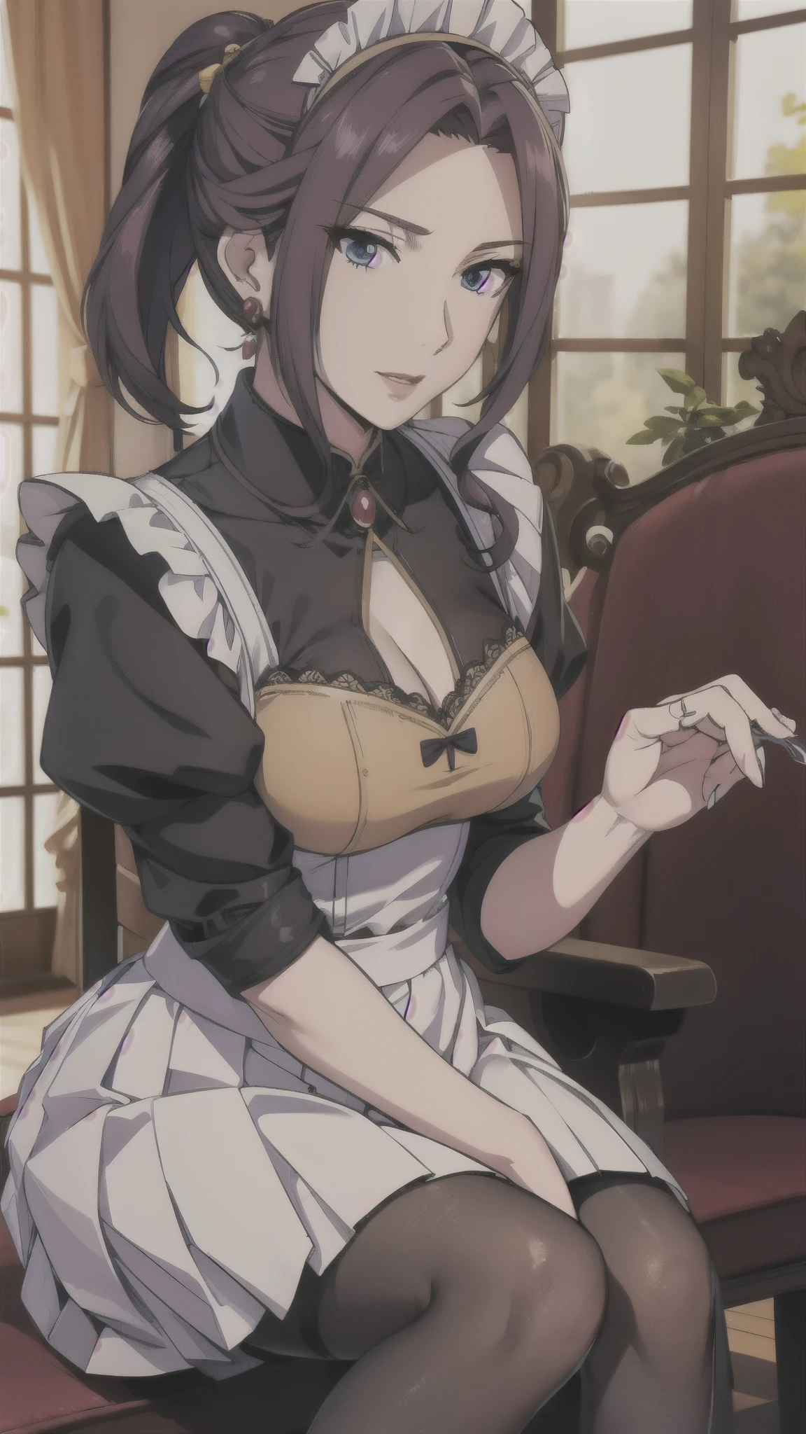 (( correct anatomy )),(( black pantyhose)),((blouse)),(( pleated skirt)),(( chairs)),(( High Heels )),((( maid clothes))),(()),(()),(()),(()), ultra high resolution,  mature women,  mature women,  very detailed, Perfect hands, Fine fingers,  Beautiful Details,((length, Long Hair)),(( ponytail)), earrings for a woman alone, perfect eyes, seductive eyes,