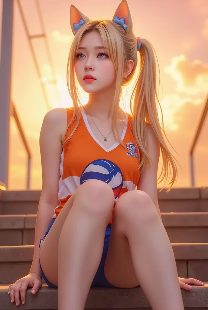 Masterpiece, 4K, bokeh, (Perfect body:1.4), (volleyball uniform:1.5), (Bright Blonde hair:1.5), (ponytail:1.2),(Blushed face:1.3), (Plump breast:1.2), (Sitting in stairway:1.2), (Cat ears:1.3),(From below:1.6),(Sundown :1.2), (Orange beautiful sky and clouds:1.2), skirt, Nat DR .