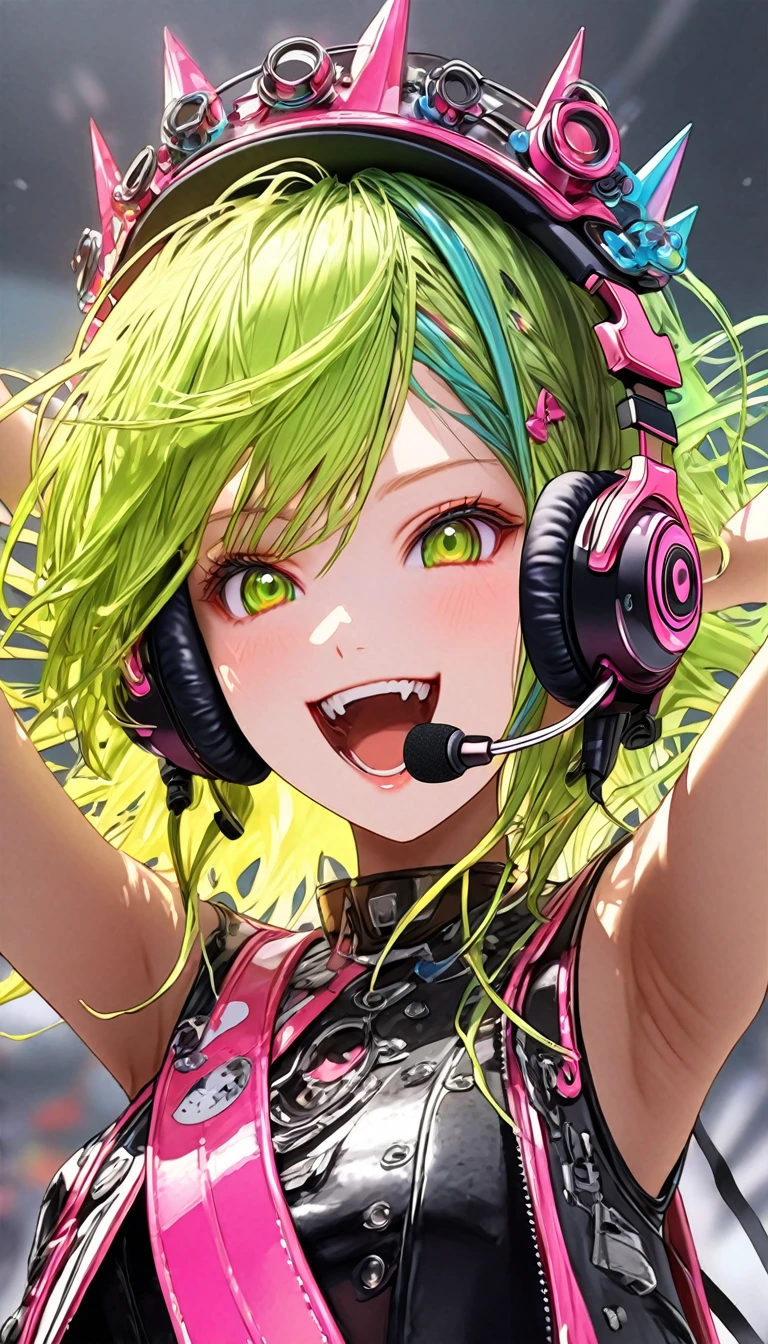 medium candid portrait, anime woman, virtual idol, (blue and pink and yellow and green) hair, modern hair style, headset with moicrophone on head, happy look, colorfull clothes, k-pop look but she sings metal, crossed arms, finger gestures, virtual scene background, masterpiece, 8k, ultra detailed, realistic