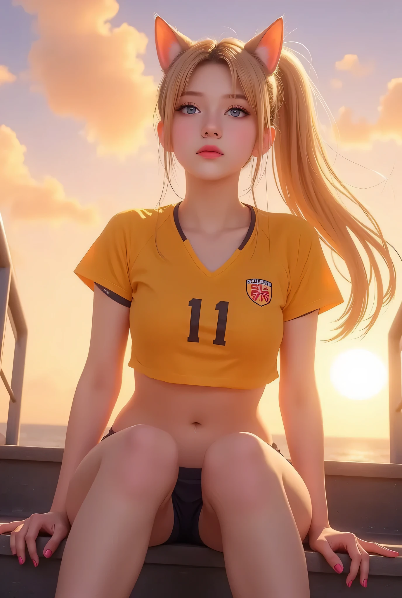 Masterpiece, 4K, bokeh, (Perfect body:1.4), (volleyball uniform:1.5), (Bright Blonde hair:1.5), (ponytail:1.2),(Blushed face:1.3), (Plump breast:1.2), (Sitting in stairway:1.2), (Cat ears:1.3),(From below:1.6),(Sundown :1.2), (Orange beautiful sky and clouds:1.2), skirt, Nat DR .