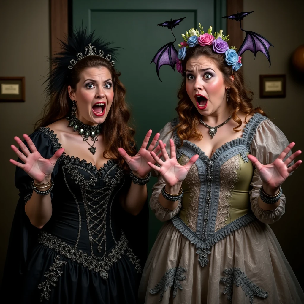 (masterpiece, best quality:1.2), Two Women in Halloween costume scared