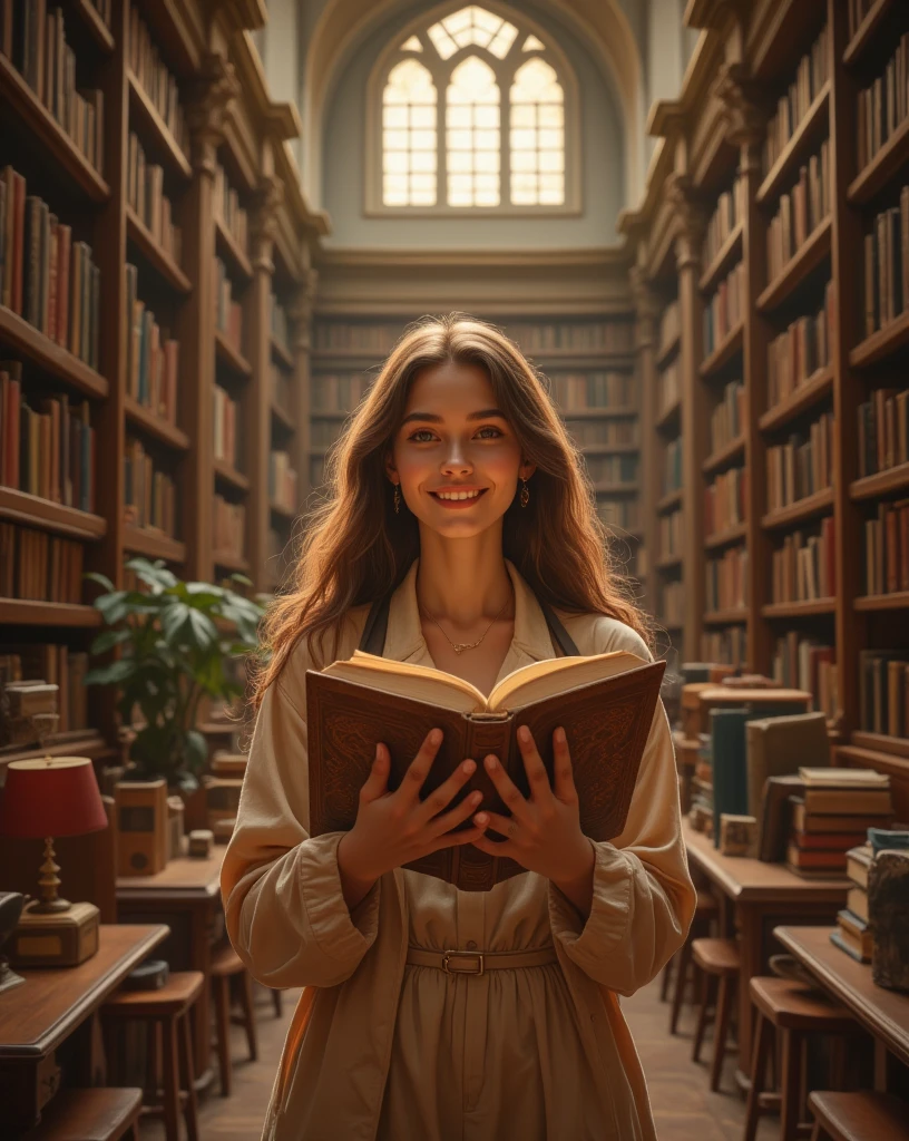 An exotic young European college girl is holding a book and smiling in front of a bookshelf at the university library