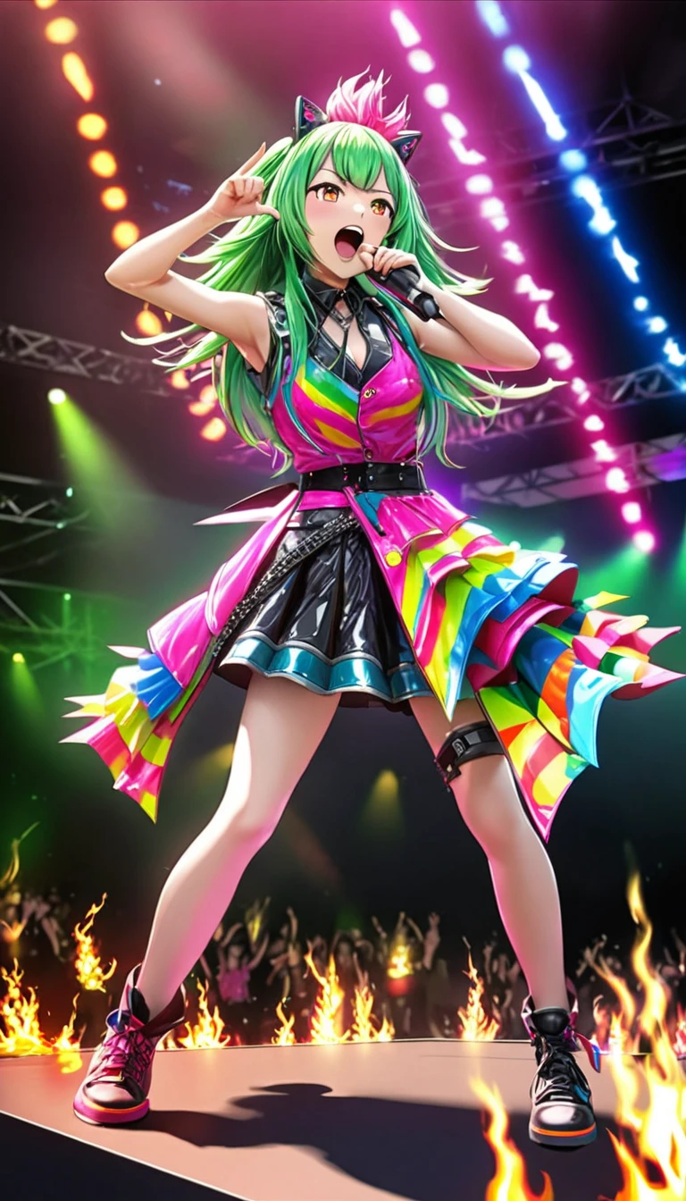 medium candid portrait, anime woman, virtual idol, (blue and pink and yellow and green) hair, modern hair style, headset with moicrophone on head, happy look, colorfull clothes, k-pop look but she sings metal, crossed arms, finger gestures, virtual scene background, masterpiece, 8k, ultra detailed, realistic