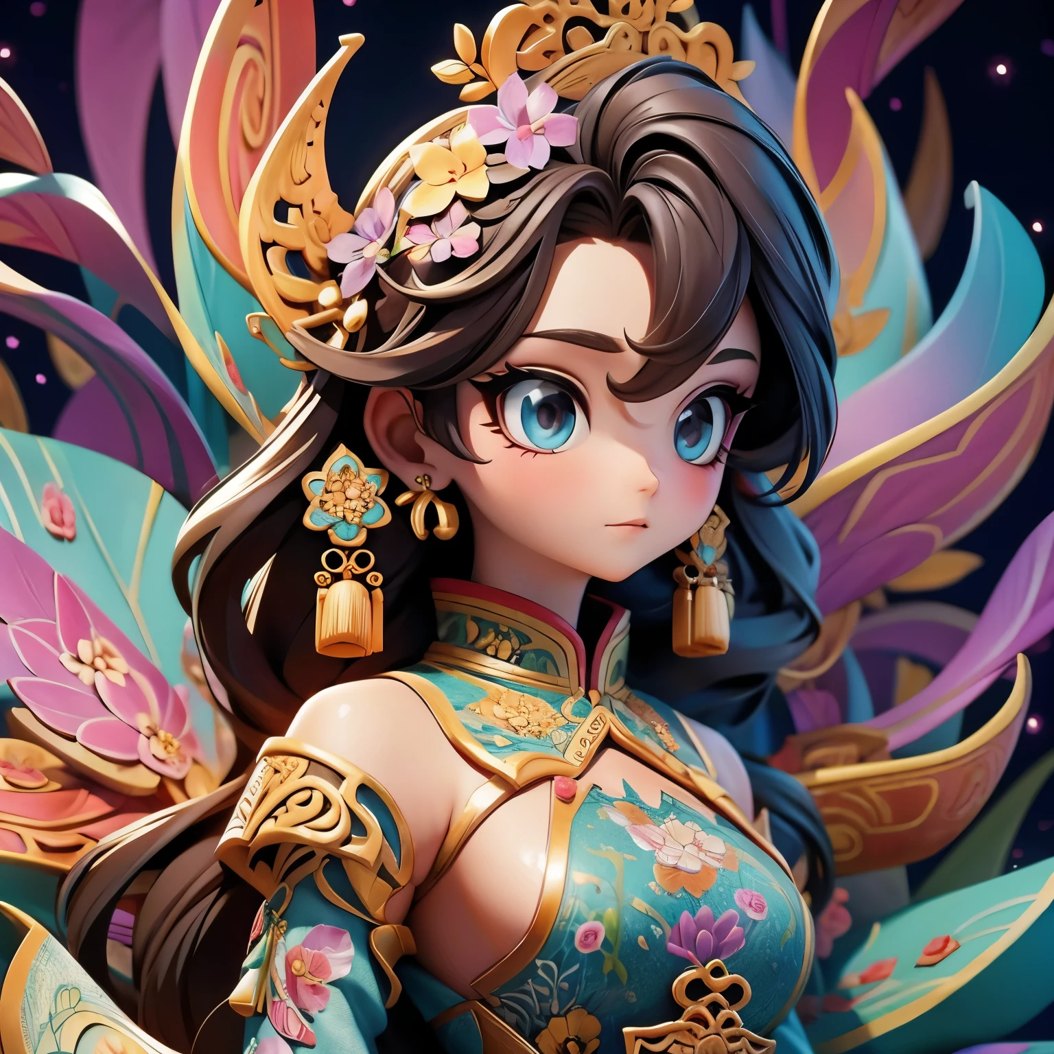 ( masterpiece , high quality, best quality, Official Art , beautiful and elegant :1.2), (1 Girl:1.3), Extremely detailed,(Fractal Art:1.1),( colorful :1.1)(Flowers:1.3),Highest Detail,(Zentangle:1.2), ( dynamic posture), (Abstract Background:1.3), (Traditional Chinese fabrics:1.2), ( Shiny Skin ), ( Lots of colors:1.4), ,(earrings:1.4),