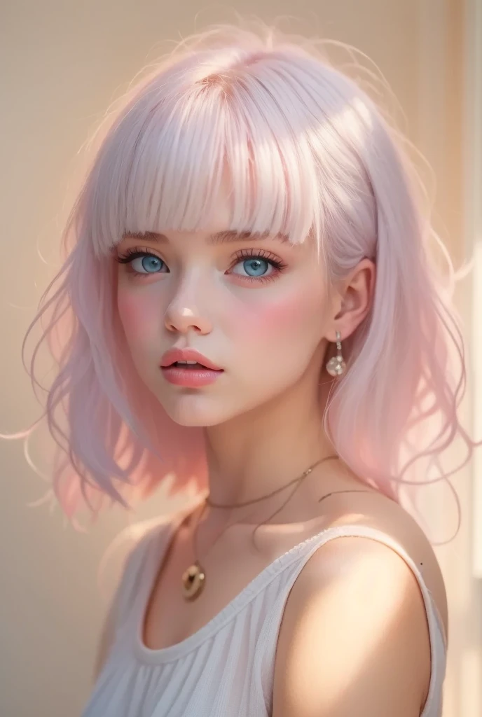  Detailed portrait of a teenage girl piercing her blue eyes with thick eyelashes ,  Hyper Details  ,  photorealistic,  perfect face, Front View, Light grey eyes as clear as glass with thick eyelashes  , real skin,  pink medium length hair with bangs  , Off-the-shoulder tank top、 white high waisted pleated skirt  , Indoor Settings, White Room Background, Natural Light, Soft Shadows,  Cozy Relaxed Atmosphere 