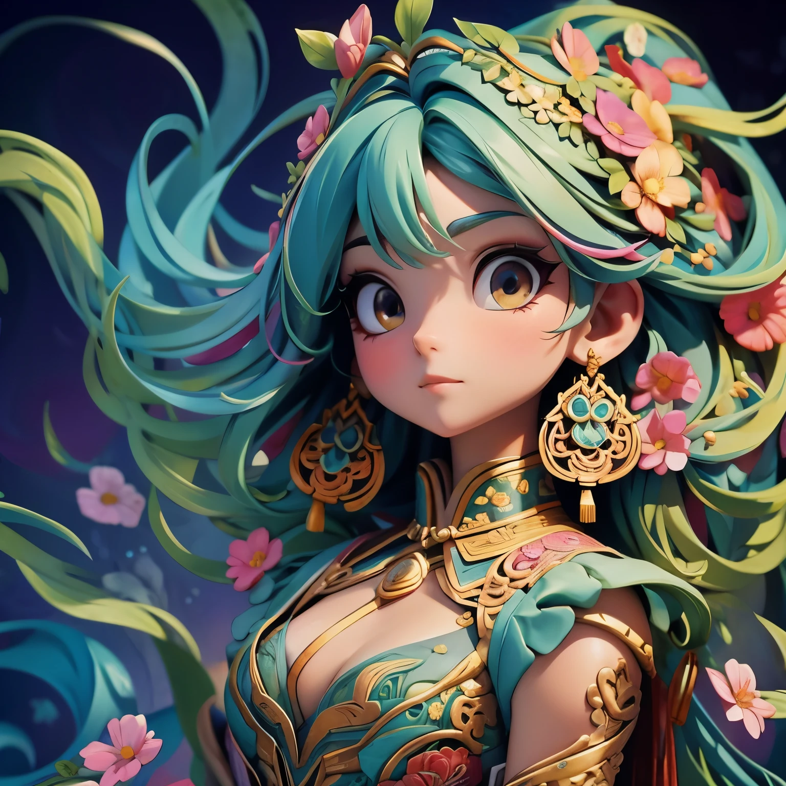( masterpiece , high quality, best quality, Official Art , beautiful and elegant :1.2), (1 Girl:1.3), Extremely detailed,(Fractal Art:1.1),( colorful :1.1)(Flowers:1.3),Highest Detail,(Zentangle:1.2), ( dynamic posture), (Abstract Background:1.3), (Traditional Chinese fabrics:1.2), ( Shiny Skin ), ( Lots of colors:1.4), ,(earrings:1.4),