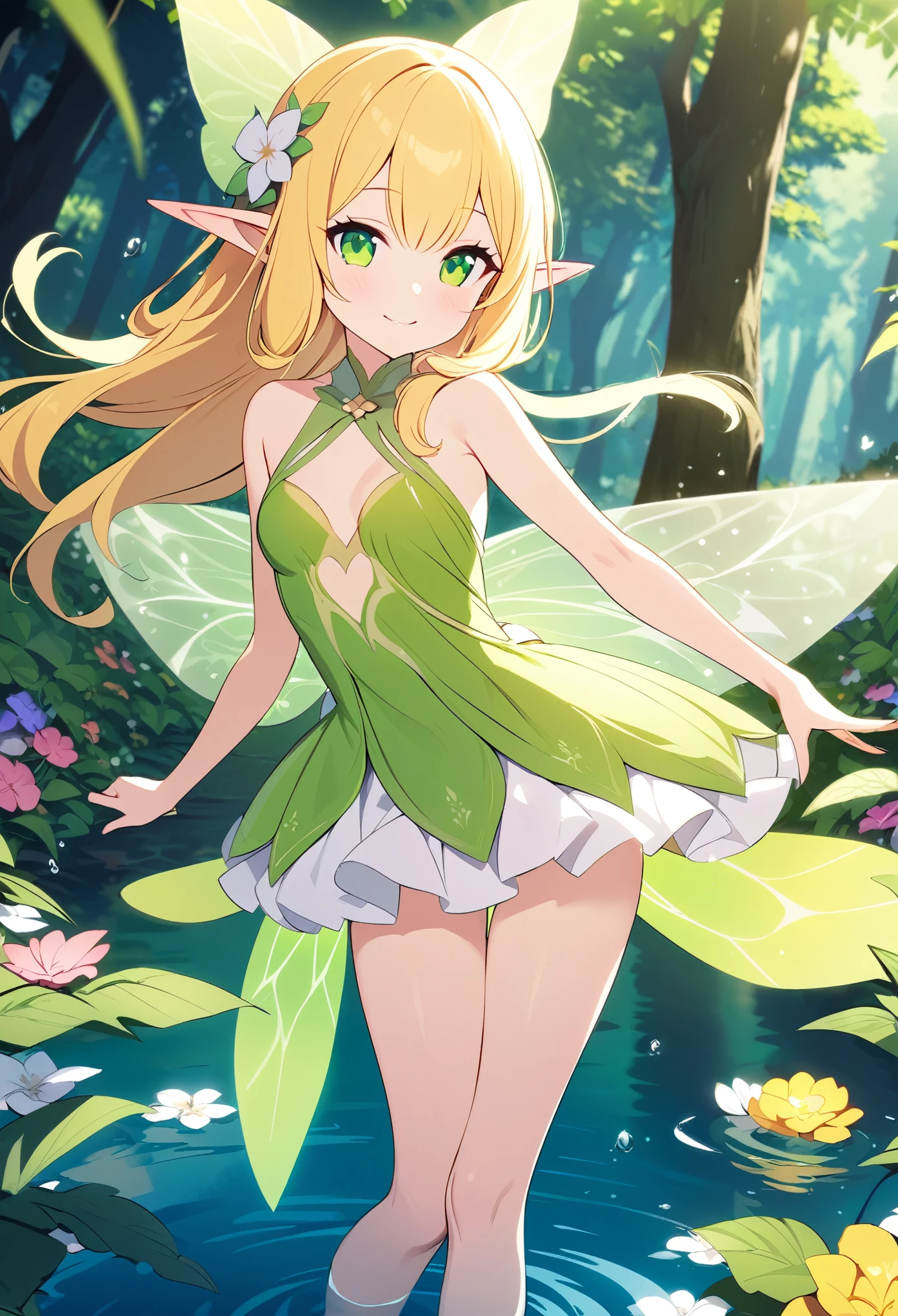  masterpiece、One 、 very cute、 very small breasts 、Slender body、Slender legs、Deep Green Eyes 、bright yellow long hair、Elf Ears、 Fairy Wings、Lush forest、 colorful flowers floating by the water、 Innocent Smiling Girl 、Fairy Dress、Flying with light 