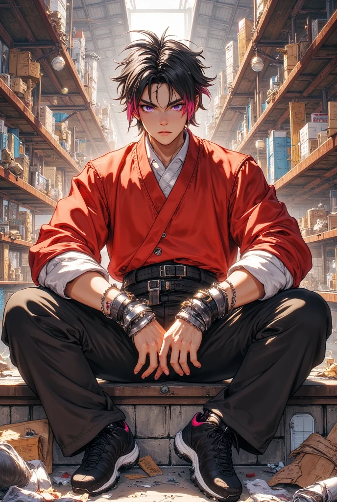 Muscular man, defined body, developed body, kung fu fighter, red blouse with buttons, long black pants of black color, black belt at the waist, spiky hair, short hair of black color (hair with pink locks at the ends), wrestler's shoes, look of tiredness, sitting on the burdens of an old warehouse, abandoned warehouse of the interior, medieval setting.