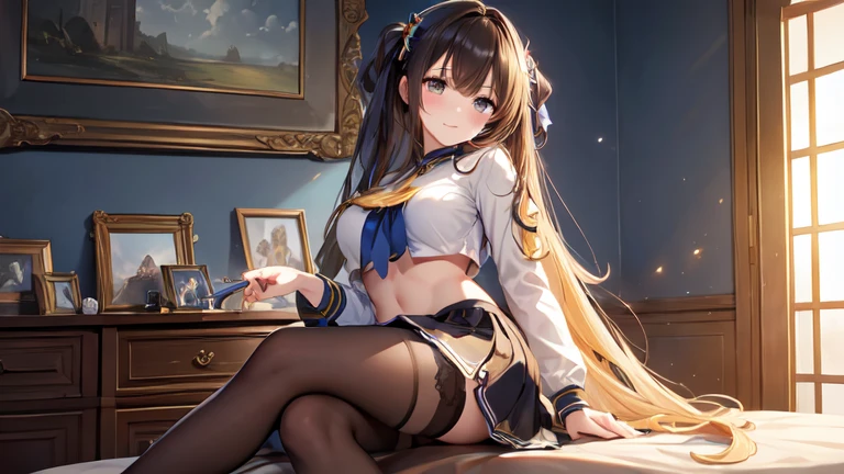 (RAW photo,  best quality), ( actual , Photo  actual : 1.3),  best quality,  high detail,  masterpiece ,  super detailed, illustration,  1 girl at home, Painted forehead, superior_Body,   dynamic angle , World  masterpiece  Theater, Messy_Long_hair,  best quality,  Extremely Fine CG Uniform 8K Wallpaper , ink, Amazing,  movie lighting, lens_Flare, Dunhuang _style, stockings, mini skirt, Underwear exposed, Pascal&#39;s Story