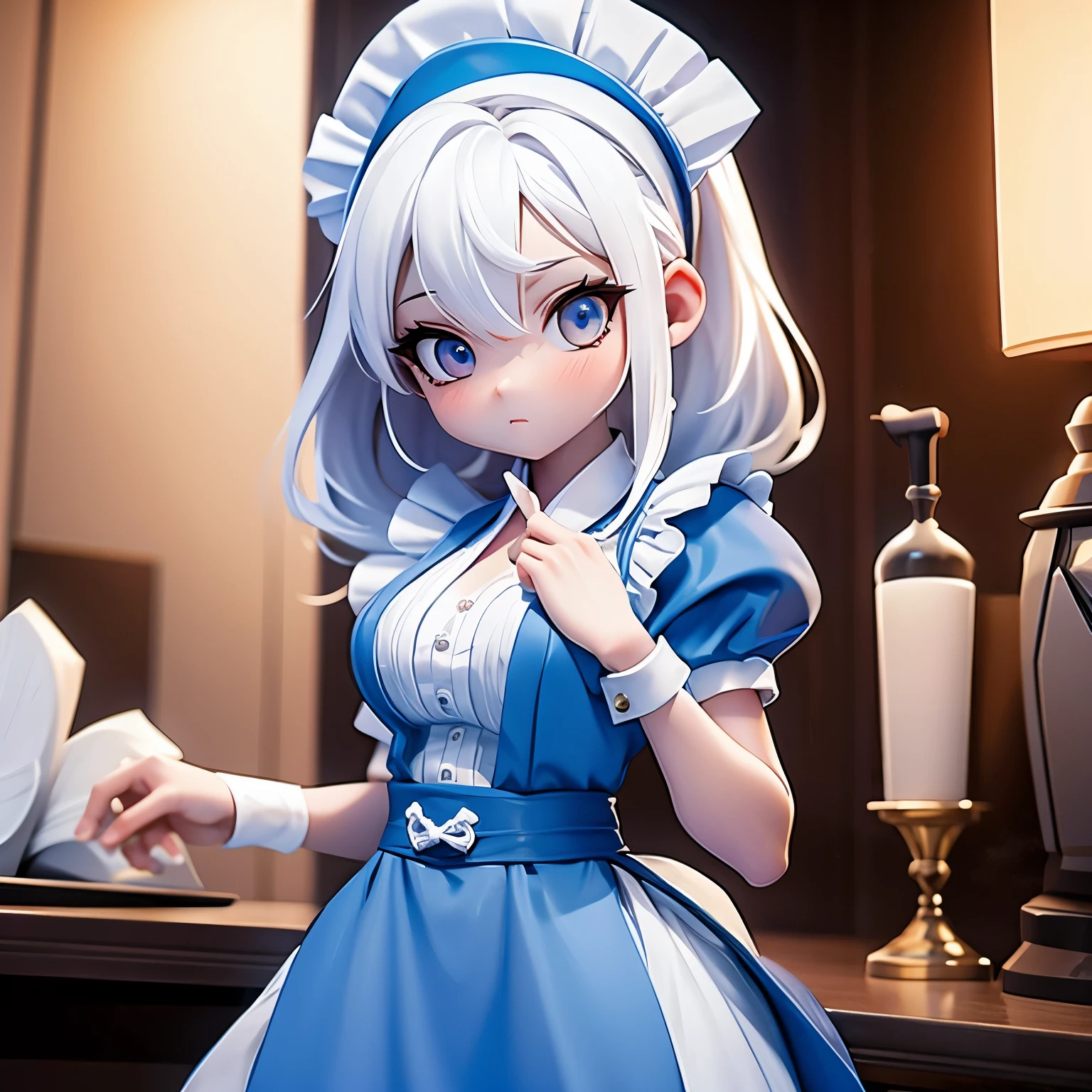 ((16th night)), ((Oriental Project)), cosplay, 20-year-old woman , (((White hair)), (( Medium pointed hair )), (( BLUE MAID OUTFIT)), (( white shirt)), Mid-chest, (Light)))), (posture))), (photorealistic photo: 1.3), rim Lighting, ( Highly Detailed Skin :1.2), 8K UHD, DSLR , high quality , high resolution , 4K, 8K, Bokeh, absurd, best ratio foungers one thumb, (True:1.3), The cutest girl, A lot of knives