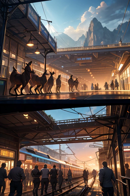 a mob of muscular kangaroos wearing thick diapers, waiting at a railway station, highly detailed, hyper realistic, 8k, photorealistic, professional, cinematic lighting, dramatic lighting, vivid colors, lush environment, intricate details, extreme realism, photorealistic rendering, volumetric lighting, atmospheric, cinematic composition, award-winning, stunning, beautiful, breathtaking, masterpiece