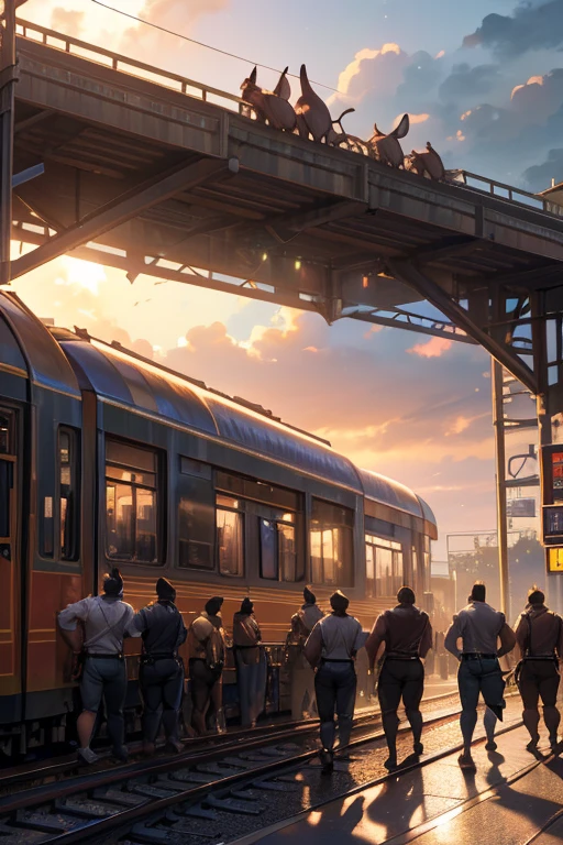 a mob of muscular kangaroos wearing thick diapers, waiting at a railway station, highly detailed, hyper realistic, 8k, photorealistic, professional, cinematic lighting, dramatic lighting, vivid colors, lush environment, intricate details, extreme realism, photorealistic rendering, volumetric lighting, atmospheric, cinematic composition, award-winning, stunning, beautiful, breathtaking, masterpiece