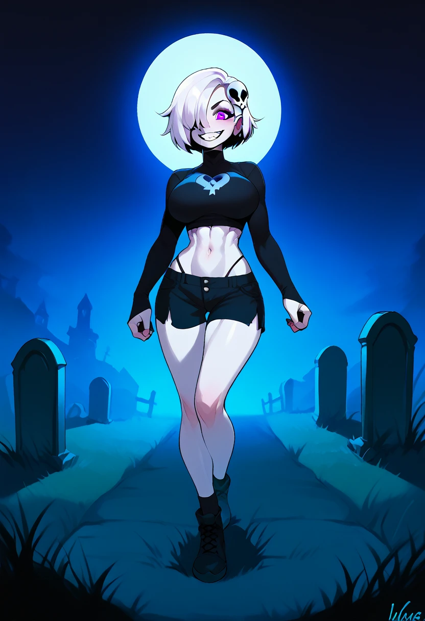 score_9, score_8_up, score_7_up, score_6_up, score_5_up, 1girl, solo, full body, ghost girl, white hair, short hair, skull hair ornament, purple eyes, hair over one eye, large breasts, colored skin, white skin, grin, teeth , large breasts, playful, navel, midriff, outdoors, graveyard, night sky,