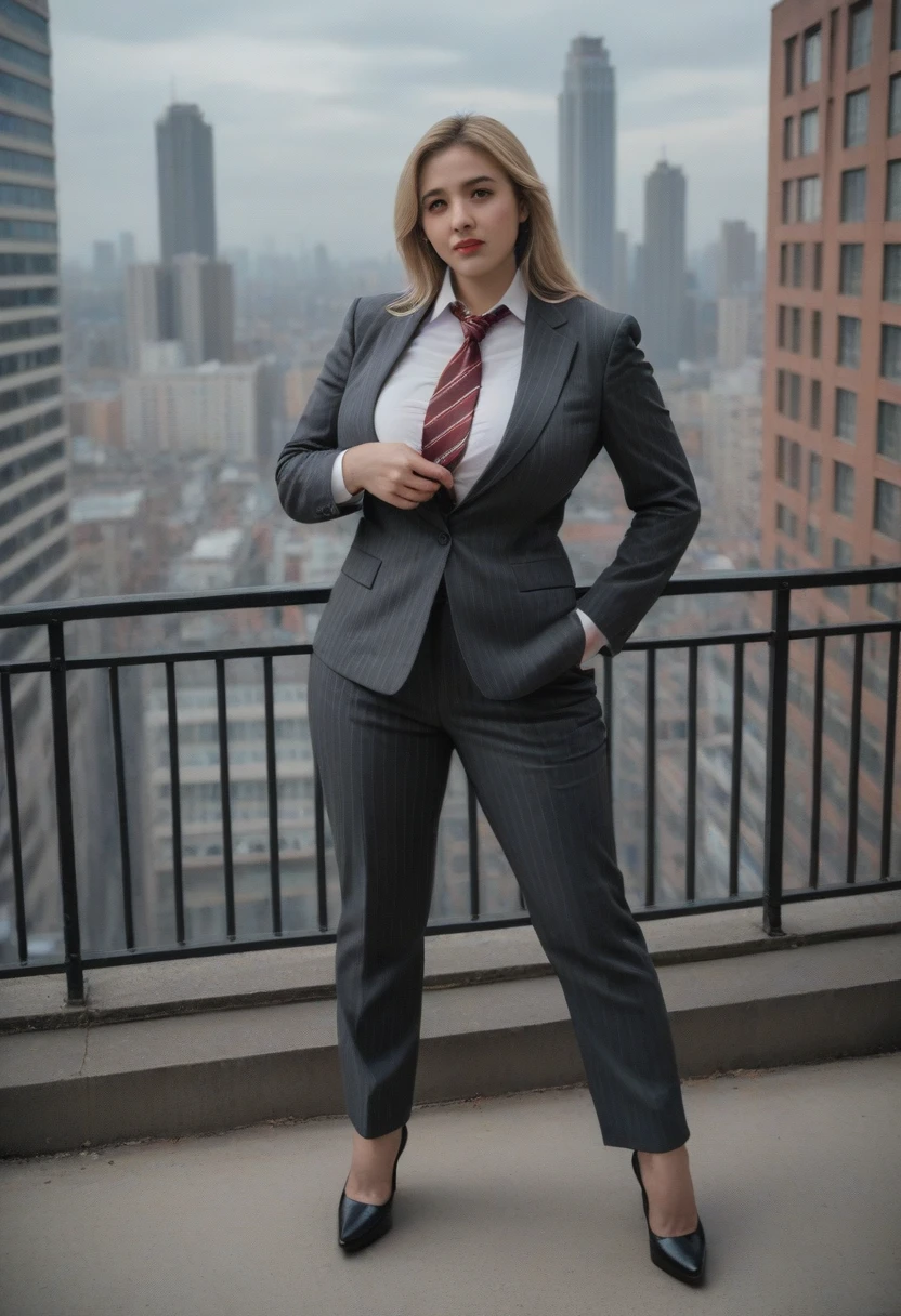 A sophisticated and stylish woman in a grey pinstriped trouser suit, white shirt, and a large wide halloween necktie in a windsor knot, with a beautiful, curvaceous figure, massive breasts, and long blonde hair, with a curvaceous figure and massive breasts. wearing rounded platform high heels with uncovered feet and standing, rampage-like pose, with a cityscape background of mega-city, urban sprawl, and small towns, giant montains, partially obscured by a hazy, cloudy atmosphere. The image is a high-resolution, masterpiece-quality, cinematic, ultra-detailed, and hyper-photorealistic photograph, with perfect hands, face, and lighting. ultra-detailed, 8K, photo-realistic, hyper-realistic, masterpiece, intricate details, full body view. Looking at camera, The image is a high-resolution, masterpiece-quality, cinematic, ultra-detailed, and hyper-photorealistic photograph, with perfect hands, face, and lighting. ultra-detailed, 8K, photo-realistic, hyper-realistic, masterpiece, intricate details, full body view