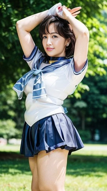  Japanese Milf,60 years old, white skin,( plump thighs:1.5),(Mer1, tiara, sailor senshi uniform, blue sailor collar, bow, knee boots, choker, white gloves, blue choker, elbow gloves, jewelry, earrings, blue skirt:1.2),( standing in the park, take a picture of the whole body from toe to head,full body,standing:1.2),looking at viewer,smile, surrealism, depth of field, from below, Sony FE, 8k, Yuka,arms up