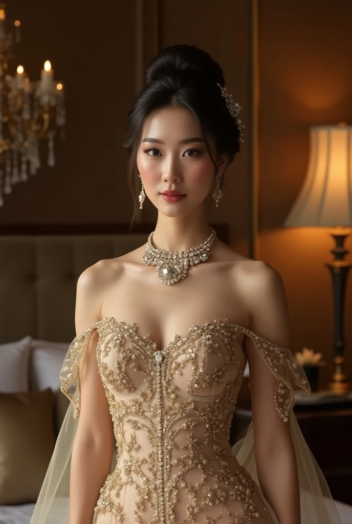 (best quality,4k,highres,masterpiece:1.2),ultra-detailed,realistic:1.37,beautiful and regal Javanese queen with hijab,dark and luxurious palace backdrop,beautiful detailed eyes and face,long eyelashes,voluptuous and curvy figure,exquisite jewelry and accessories,ornate and intricate patterned textiles,dazzling crown and royal attire,golden light illuminating the scene,vibrant and vivid color palette,soft and ethereal lighting,confident and alluring expression,graceful and elegant pose,serene and majestic atmosphere,rich cultural elements and symbols,meticulously captured body contours,subtle and tasteful sensuality,endless attention to every detail,romantic and dreamlike ambiance,artistic interpretation of beauty,stylish and sophisticated composition.
