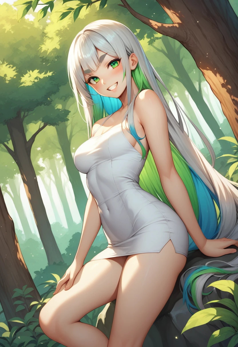 score_9, score_8_up, score_7_up, score_6_up, score_5_up, 1girl, solo, multicolored hair, silver hair, very long hair, very green eyes, pale skin, white skin, thick eyebrows, 1girl, grin, teeth, short dress, seductive pose, dutch angle, outdoors, detailed background, forest, rock, trees, looking at viewer, coy smile, flirtatious look, sultry expression, blush,