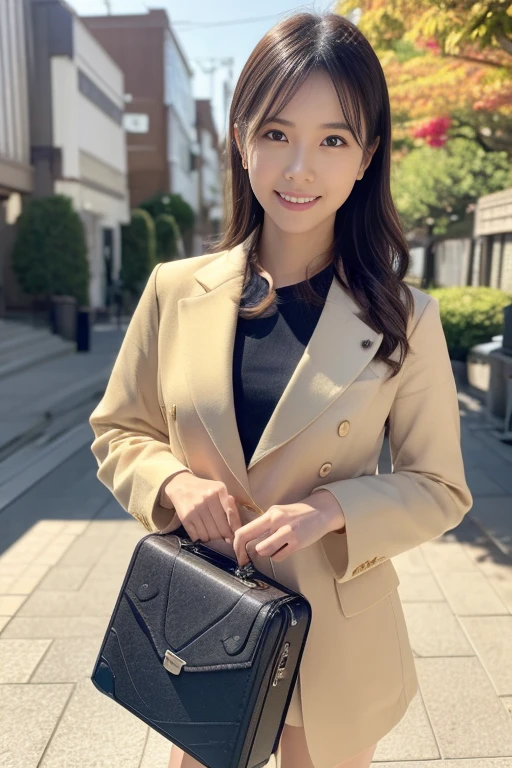 Cowboy Shot, (Mid-autumn Trip), 
break, 
((Office casual style outfit:1.2)), ((Large suitcase:1.2)), 
break, 
View your viewers, Japanese female university student, (One Woman:1.2), She is very beautiful, Glowing Skin, Perfect Face, Cute and symmetrical face, 
break, 
Light Brown Hair, Medium Hair, Wavy Hair, Hair tied up, Makeup, 
break, 
(Japanese hot spring town:1.2), Standing, (Cute smile), (8k, RAW Photos, Best Quality, masterpiece:1.2), (Realistic, Photorealistic:1.4), Very detailed, Shallow depth of field, Beautiful Hair, Beautiful Face, Beautiful attention to detail, Realistic skin texture, Beautiful fingers, Perfect Anatomy, Perfect legs, Perfect hands, Perfect Eyes, Perfect body, smile, Double eyelids, (Natural Side Lighting, Cinema Lighting), 