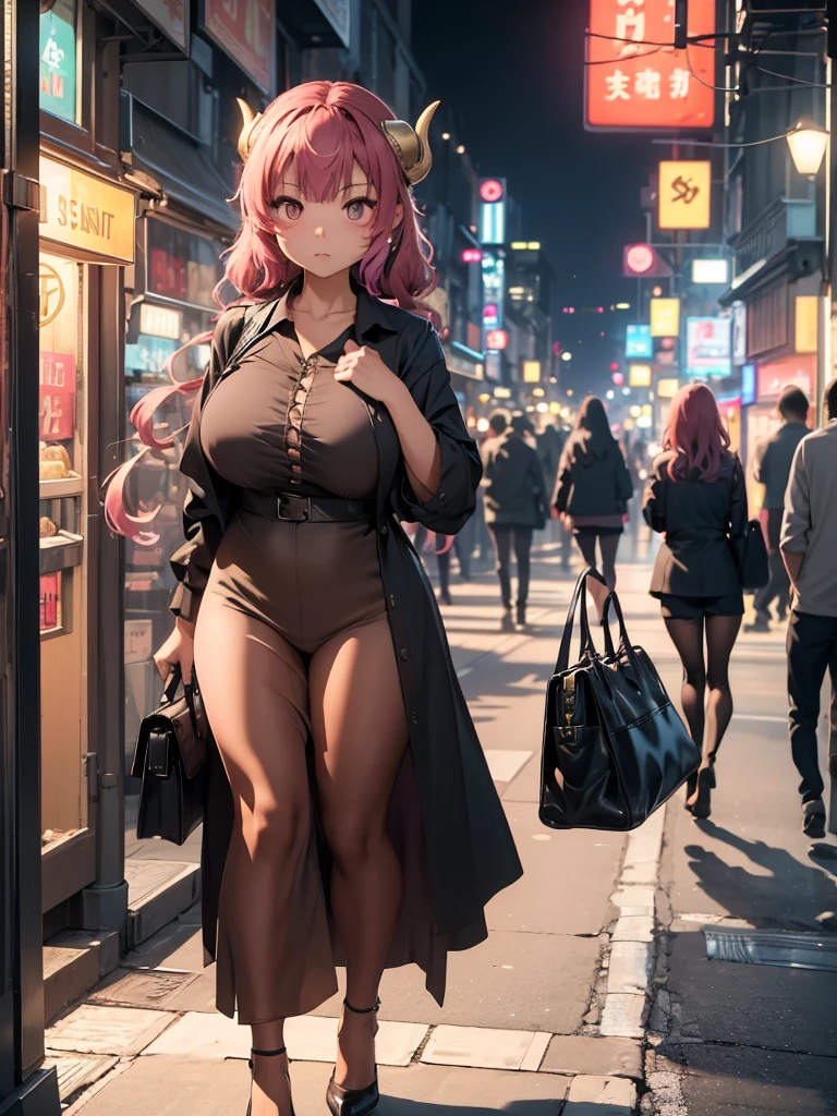 (​masterpiece、top-quality、hight resolution、Unity 8k、extremely details CG:1,Best Picture), ilulu, horn, "A street scene at night with a female escort waiting for customers, slightly surprised as a potential client approaches her first. The woman, dressed modestly for a night in the city with minimal skin exposure, holds a small handbag in one hand. Her expression shows surprise and a hint of confusion, as if caught off guard by the attention. The background is a dimly lit urban street with neon signs and shadows, giving a subtle hint of nightlife without being overly flashy."