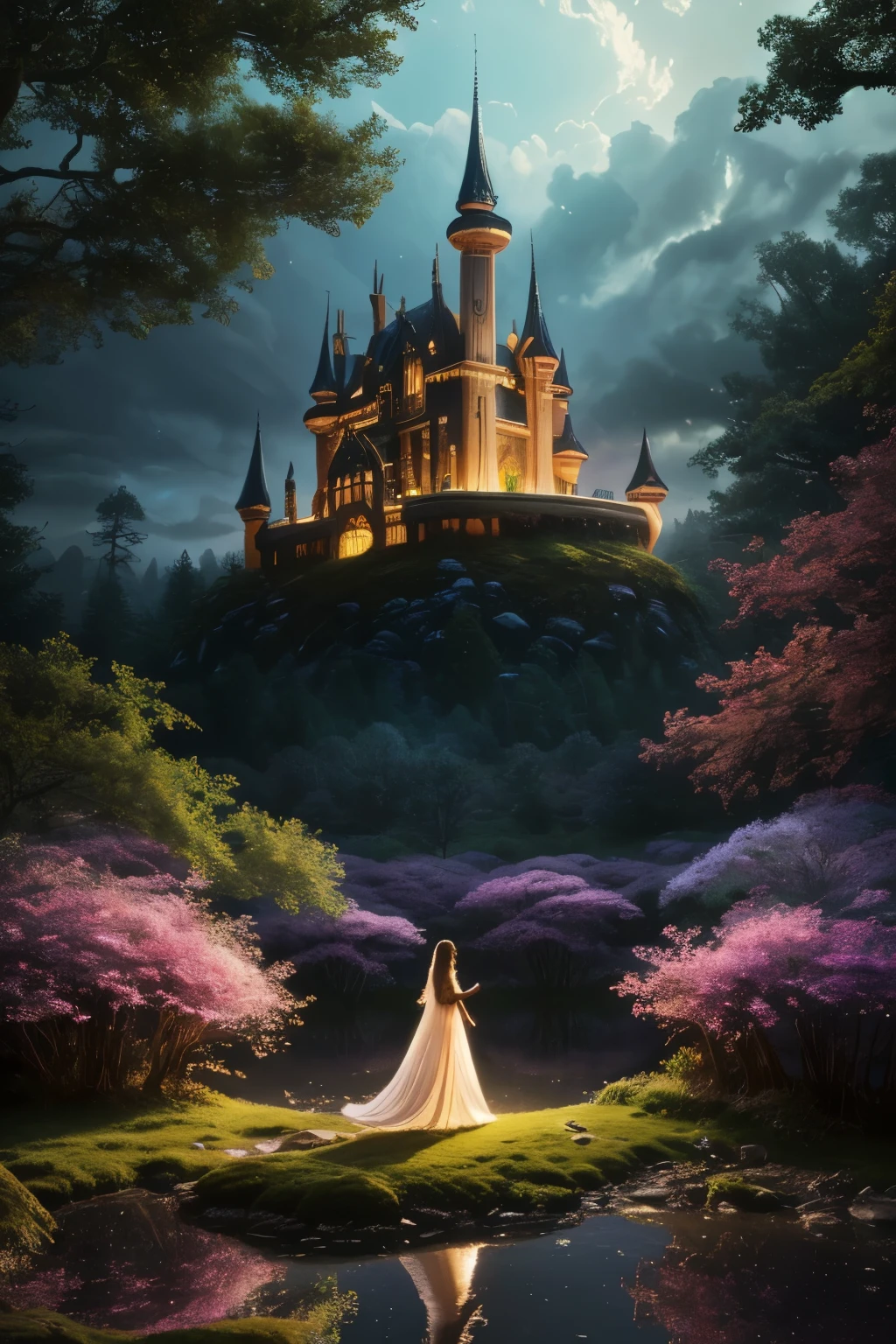 A dreamlike fantasy landscape, a surreal forest with glowing mushrooms, floating islands, and a whimsical castle in the distance, 1girl, detailed face, beautiful eyes, long hair, detailed dress, walking through the mystical scenery, (best quality,4k,8k,highres,masterpiece:1.2),ultra-detailed,(realistic,photorealistic,photo-realistic:1.37),fantasy,surreal,dreamscape,magical,ethereal,glowing,vibrant colors,dramatic lighting