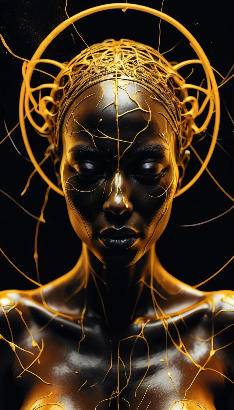 portal of good energy, goddes of death, a black and gold photo of a vgoddes of death body, digital art, generative art, abstract painting,expressive digital art, portrait of an goddes of death, abstract album cover, intertwined a dissolving, staring, messy, penetrate, juicy, sensual, submissive, dominant, (sexual:1.3), sexy shapes, romantic, fine art, vibrant neon colors, 