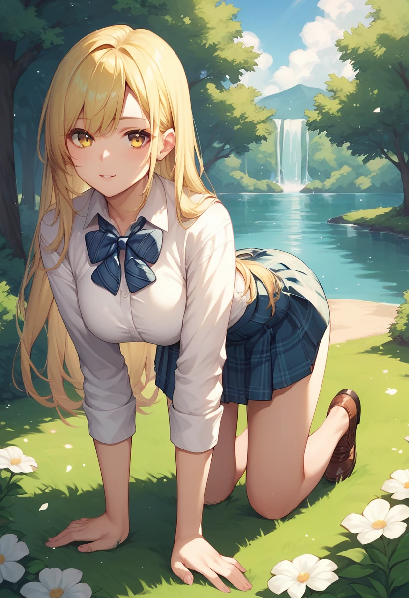 score_9, score_8_up, score_7_up, outdoors, solo,1girl,blonde hair,long hair,yellow eyes, white shirt,striped bowtie, plaid skirt, all fours,