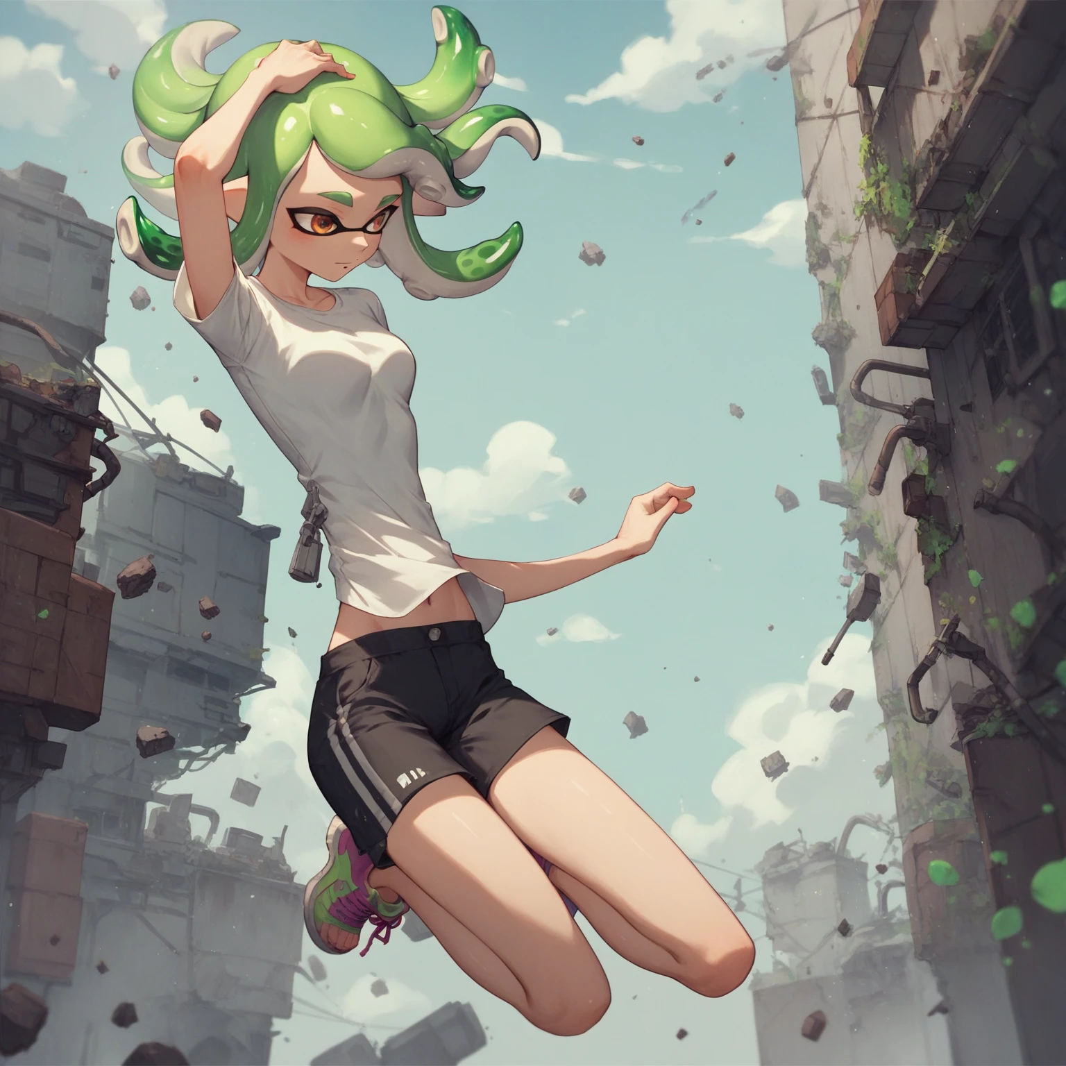 Masterpiece, Best Quality, splatoon inkling, tentacle hair, 1girl, Solo, green hair, white shirt, black shorts, medium chest, medium breasts, slim girl, adult, floating, concrete 