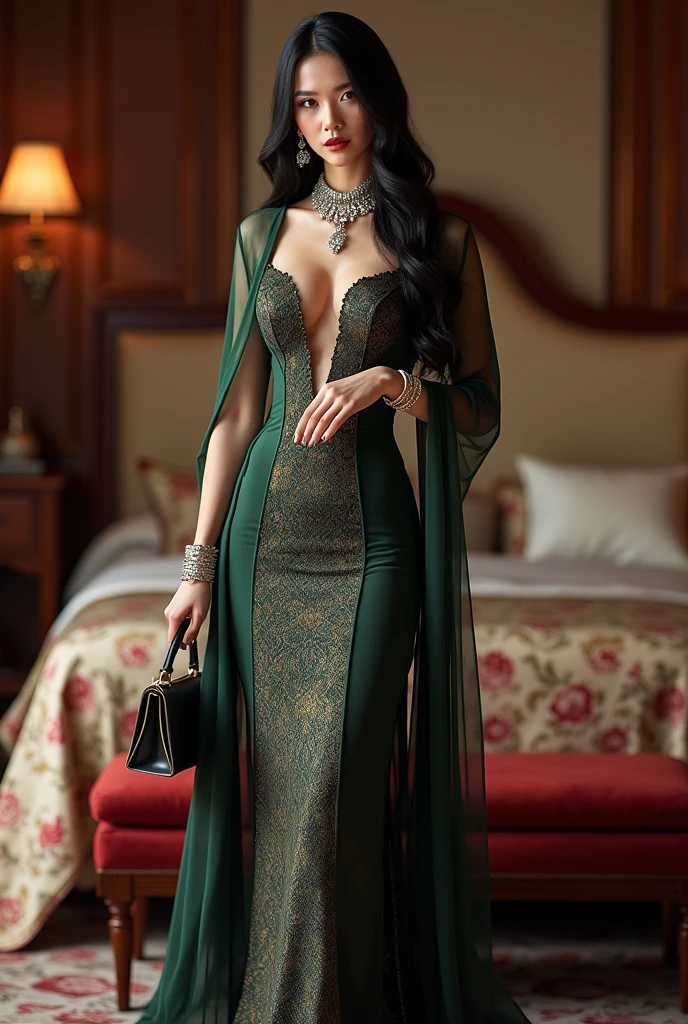 (((perfect quality, perfect anatomy, perfect body, beautiful, masterpiece, ultra detailed, 32K, anime style, full body))), 1girl, 17 years old, (shiny silver hair), (Airy bob cut, bang between eyes, beautiful hair, glossy silver eyes, beautiful eyes, twinkle eyes, large breast), 1 beautiful girl, cute face, beautiful face, pretty face, beautiful, best quality, good anatomy, shiny skin, Stand up straight with good posture, BREAK (Draconic Majesty-inspired glossy silk dress, featuring elements of dragon scales and fire, with a color palette of emerald green and bronze:1.2), (dress has a fitted bodice with a high neckline, adorned with intricate scale patterns in shimmering emerald and bronze thread, sleeves are long and dramatic, with flame-like appliques in metallic fabric:1.2), (skirt is floor-length with a mermaid silhouette, crafted from layers of silk and organza, creating a flowing effect that mimics the movement of dragon wings, hemline is embellished with beadwork and fiery motifs:1.2), (Accessories include a bronze tiara with dragon motifs and matching earrings, completing the regal and mystical look), BREAK Ballroom in a top-of-the-line hotel, SimplePositiveXLv2,