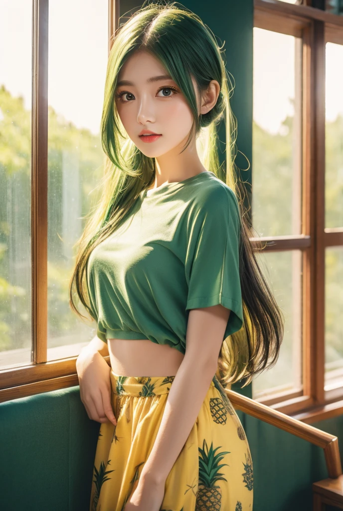 1girl, solo, beautiful detailed yellow eyes, beautiful detailed lips, extremely detailed face and features, long eyelashes, green hair, white t-shirt with pineapple print, dark blue skirt, kawaii, high quality, 8k, photorealistic, professional, vibrant colors, natural lighting, anime style