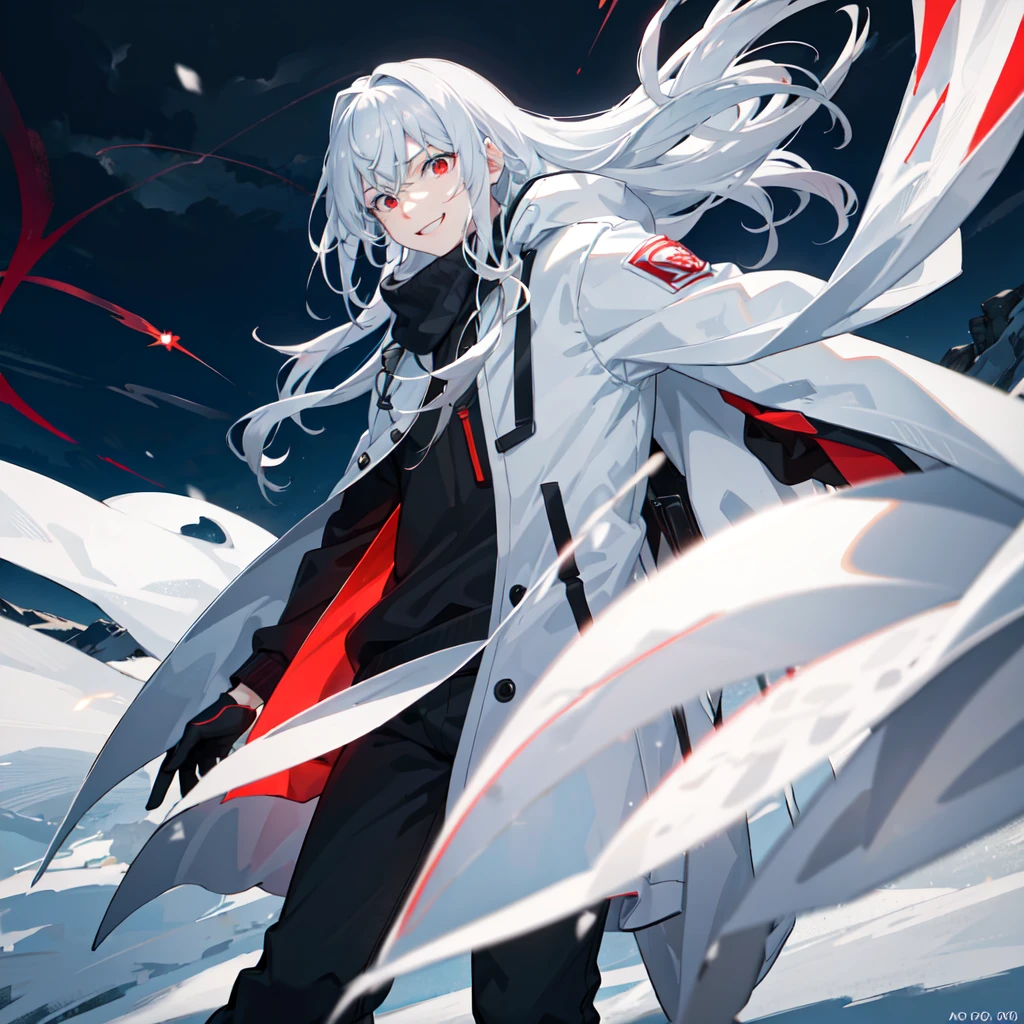 Ojos color red,Mar congelado con tormenta de snow de fondo ,  standing in the center of the image  , flash,Shine, white and grey striped_traje formal white_long_ pants above lab coat , long red scarf , accelerator_\(Toaru_magic_no_index\), white_hair, long_hair,red_eyes, ojos color red, ojos reds,1 man, 20 years,male,Beautiful finger ,beautiful body, Beautiful nose, Beautiful character design ,  perfect eyes, perfect face,  looking at the viewer ,devil_smile, no apto para el trabajo, official art , fondo de pantalla extremadamente detallado de CG Unity 8K ,  perfect lighting,showy, bright_forehead_rostro_lightning, ( masterpiece :1.0),(better_quality:1.0),  ultra high resolution ,4k, ultra-detailed ,  photograph, 8K, HDR-10, highres, high resolution:1.2,  Kodak Portra 400 ,  film grain ,  blurry background , bokeh:1.2, lens flare, (vibrant_color:1.2), alas y HALO de ANGEL color platino masterpiece , accelerate_bj, (mad face:1.2), (una smile loca:1.3), ojos reds,  close up shot , swirling wind,  lightning around the character , snow,  winter, Night complex background,  highly detailed , (Gloomy:1.3), Dark, attenuated, HDR-10, vignette,  grimymasterpiece , accel _bj, (mad face:1.2), (Crazy smile:1.3), red eyes,  closeup shot ,  whirling wind ,  lightning around character , snow, Winter,  night complex background ,  highly detailed , (gloomy:1.3), Dark, dimmed , hdr, vignette, grimy