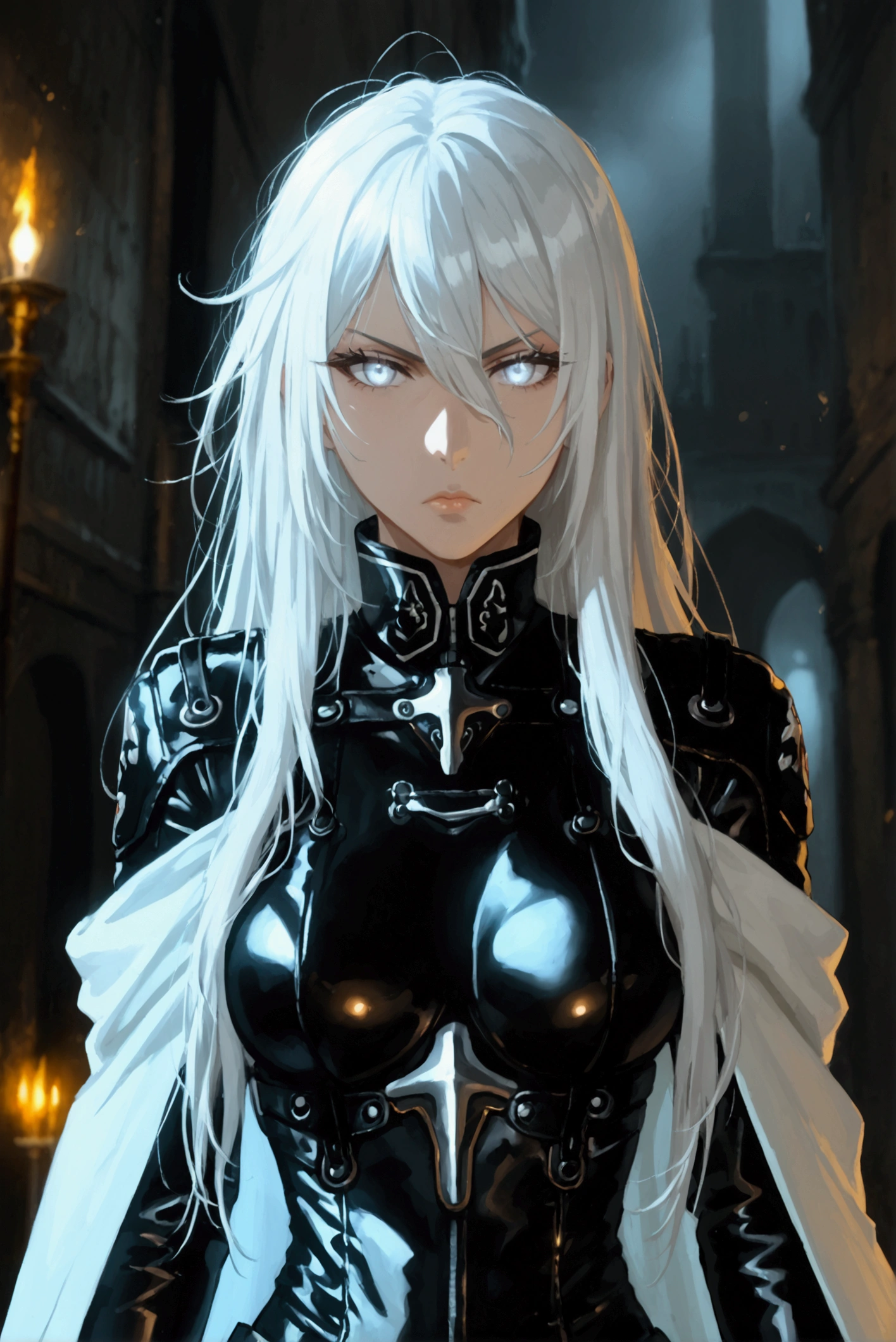 Full-length , anime , Serious look, White eyes,  long white hair,  in a black leather combat suit with a cloak , in black ankle boots, sexy