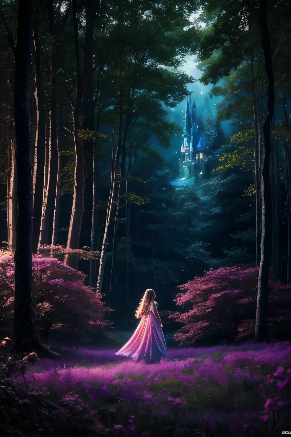 A dreamlike fantasy landscape, a surreal forest with glowing mushrooms, floating islands, and a whimsical castle in the distance, 1girl, detailed face, beautiful eyes, long hair, detailed dress, walking through the mystical scenery, (best quality,4k,8k,highres,masterpiece:1.2),ultra-detailed,(realistic,photorealistic,photo-realistic:1.37),fantasy,surreal,dreamscape,magical,ethereal,glowing,vibrant colors,dramatic lighting