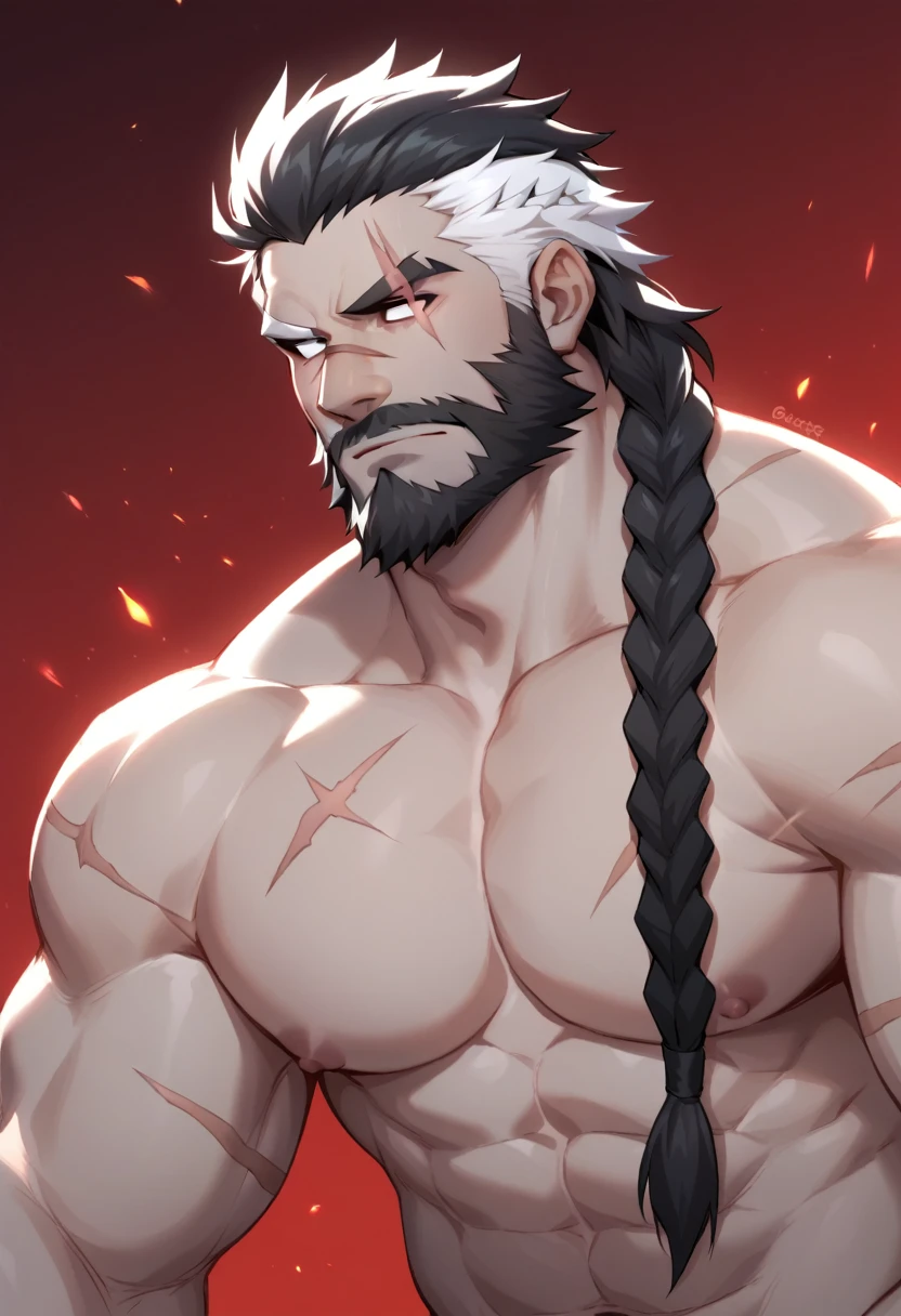 score_9, score_8_up, score_7_up, solo, solo focus, male focus, 1 boy, male, beard, facial hair, braid, braided beard, big beard, epic beard, Duergar, gray skin, white hair, white eyes, short stature, big nose, wide shoulders, muscular, black hair, scars, scar, evil villain