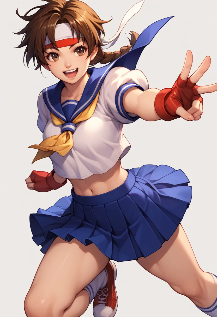 score_9_up, score_8_up, score_7_up,score_6_up, score_5_up, score_4_up , 1girl, solo, ysakazaki, dougi, spandex, headband, fingerless gloves, brown hair, brown eyes, single braid, sakura kasugano, brown eyes, brown hair, short hair, ankle socks, blue skirt, crop top, headband, midriff, miniskirt, navel, sailor collar, school uniform, shoes, short sleeves, skirt, socks, stomach, shirt, white shirt, white headband, gloves, red gloves, happy, cowboy shot, simple background