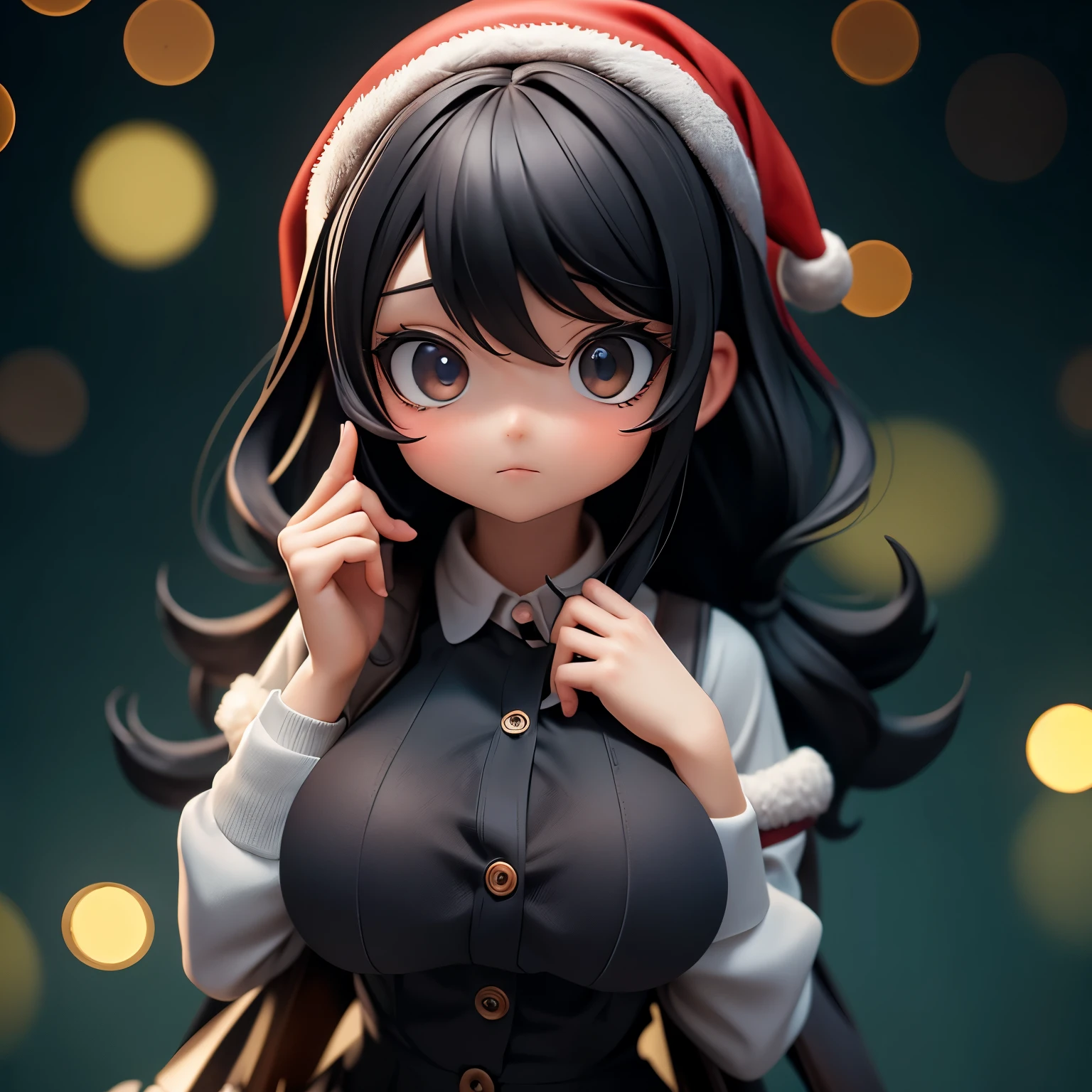 Emmaston , black_hair, Vague, Vague_background, Vague_prospect, Bokeh, breast, 棕色of_Eye, Button_gap, Buttons, Christmas_Tree, Lysis, 有领of_shirt, cosplay_photo, depth_of_site, 大of_breast, Lips,