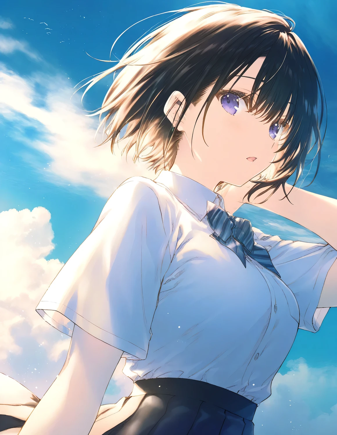 1girl, female, school uniform, short hair, medium breasts, open mouth, outdoors,wind, game CG break,,((artist:mitsumi_misato)),(artist:fujiyama),(artist:suzumori),,(masterpiece), (best quality), (ultra-detailed), very aesthetic, newest, beauty illustration,super detailed skin, shiny skin, (masterpiece), (best quality), (ultra-detailed), very aesthetic, newest, ,hi res,absurd_res,2023,shaded,digital media (artwork), realistic lighting, 4k, 8k,