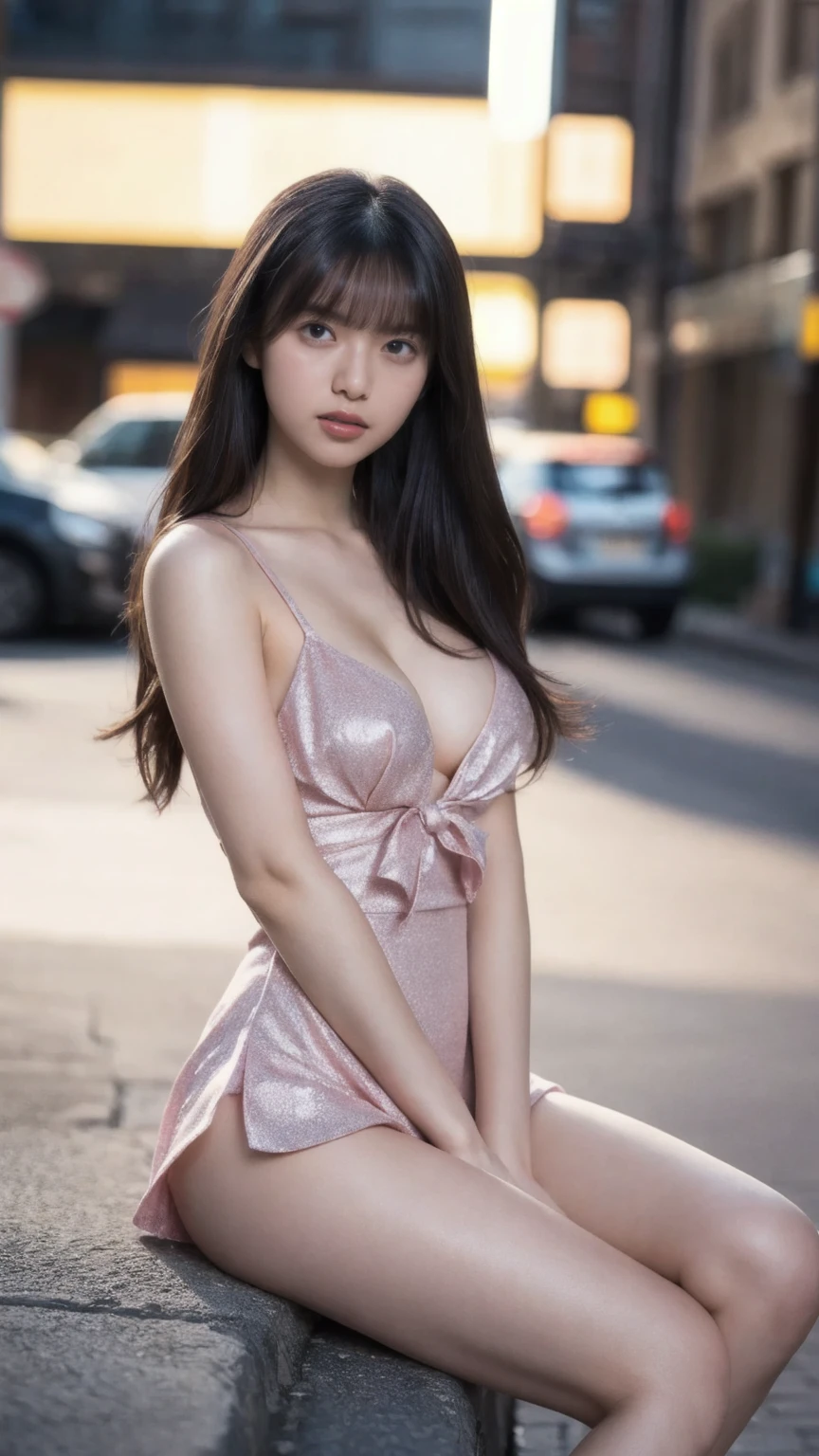 NSFW、女の子1人、on tokyo street、A city scape、The upper part of the body、a closeup、(8K、Raw photography、top-quality、masterpiece:1.2)、(realisitic、photoRealstic:1.37)、Highly detailed eyelash drawing、(((Top image quality))),Colossal tits、slender、Fine skin, (Beautiful hair), (Perfect Anatomy), (Realistic),Sensual look、top-quality、hight resolution、Sit up、((Open your crotch wide to show your crotch))、M o'clock leg open、high-heels