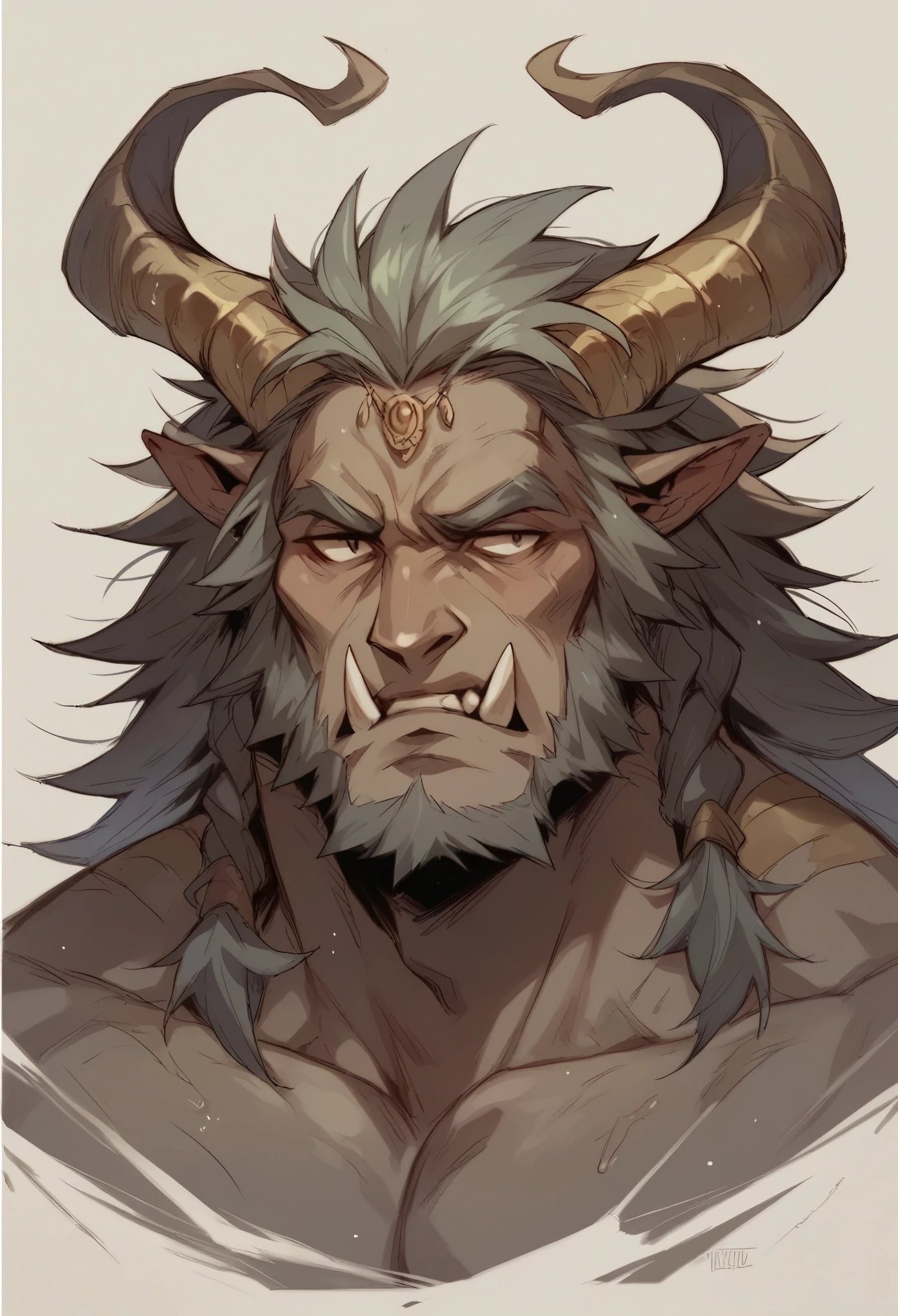 a close up of a man with horns on his head, muscular bull headed man, fit male demon with white horns, a minotaur wolf, portrait of a minotaur, that resembles a bull\'s, horned god, minotaur, male centaur centaur chimera, fat ripped satanic creature, minotaur warrior, with horns