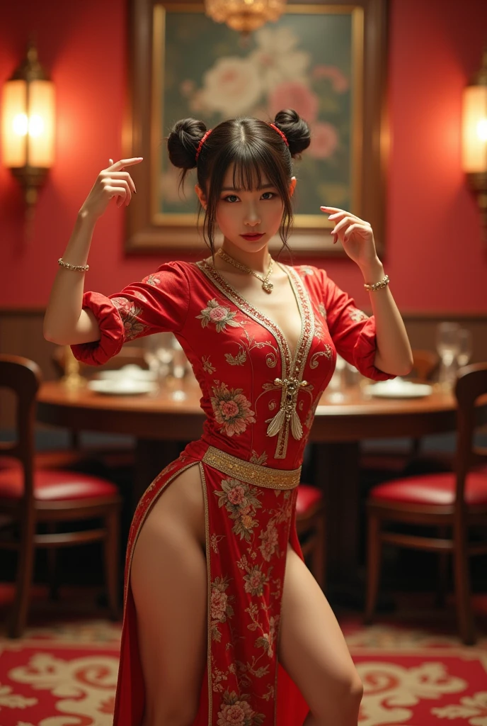 Chinese girl White skin wearing a red cheongsam Gold pattern showing breasts, no underwear, red tapa, long black hair, wearing red high heels, sitting with legs spread open at a vegetarian restaurant.