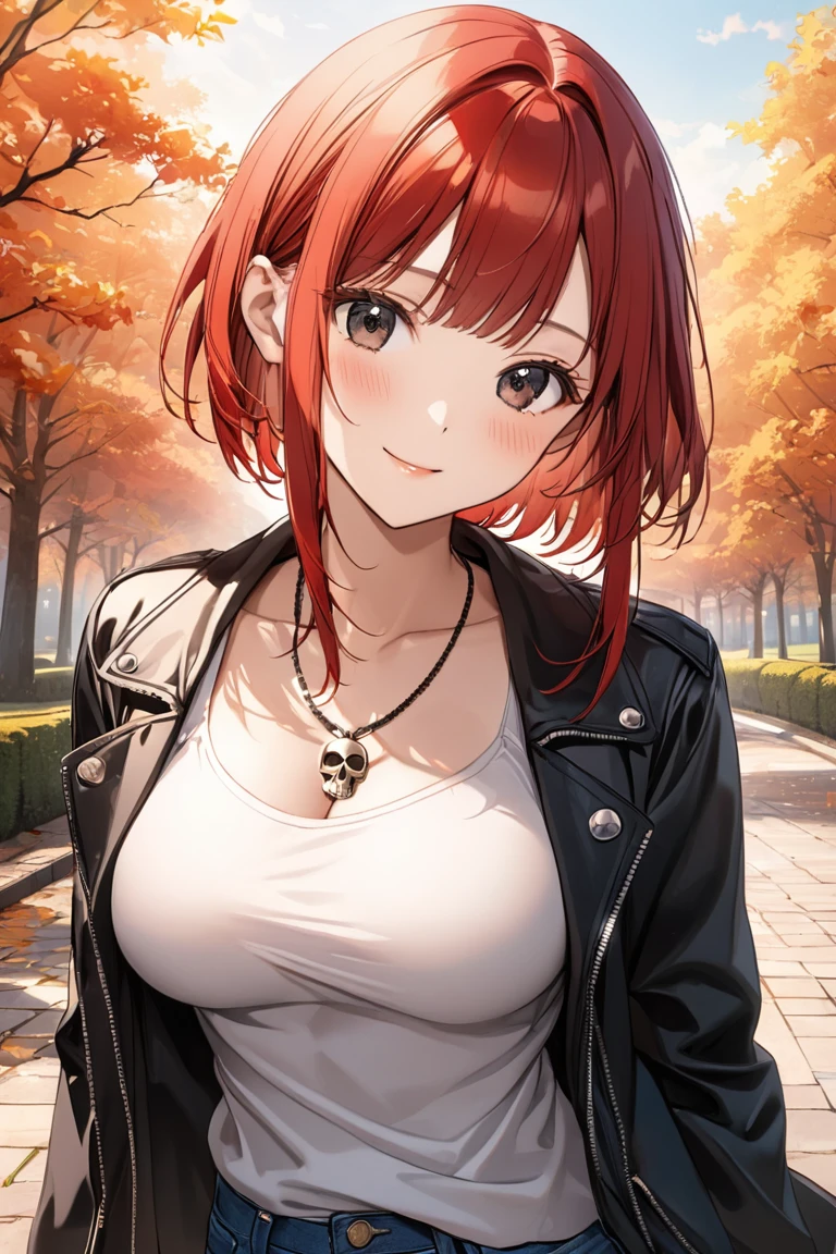 1 girl,(extra shortcut hair,red hair,sidelocks:2.0),forehead,red tanktop,black riders jacket,jeans,skull necklace,big black eyes,long eyelashes,Muscular、(F cup beautiful breasts)、25years old, (tall:1.2),height: 175cm,Sexy long legs,Fashion model body type,solo,smile、Shy、Shyness,Cool look,blush,Anime-style painting style,A composition that shows the upper body,front view,looking at viewer,cinematic lighting,Superfine,magnificent view、park、autumn,(morning:1.5)、(sexy) ,(closeup:1.5),dynamic angle