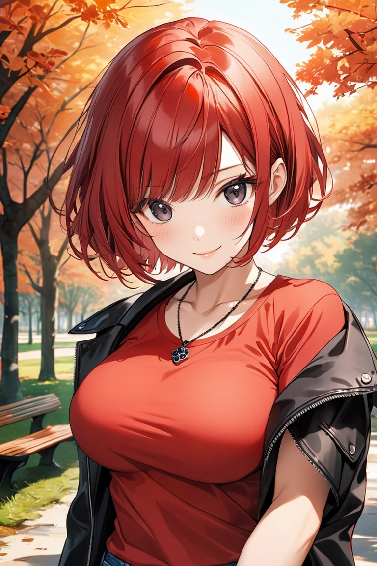 1 girl,(berry shortcut hair,red hair:2.0),sidelocks,forehead,red tanktop,black riders jacket,jeans,skull necklace,big black eyes,long eyelashes,Muscular、(F cup beautiful breasts)、25years old, (tall:1.2),height: 175cm,Sexy long legs,Fashion model body type,solo,smile、Shy、Shyness,Cool look,blush,Anime-style painting style,A composition that shows the upper body,front view,looking at viewer,cinematic lighting,Superfine,magnificent view、park、autumn,(morning:1.5)、(sexy) ,(closeup:1.5),dynamic angle